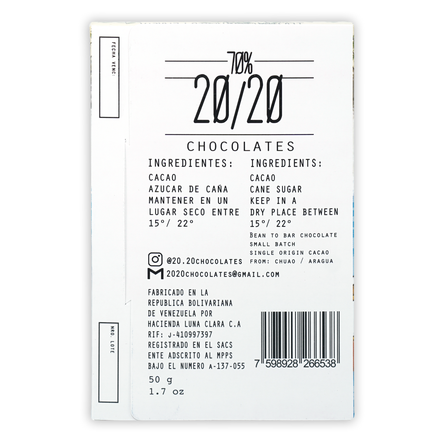 20/20 Dark Chocolate Chuao 70% bar white rectangular wrapper with bilingual instructions
