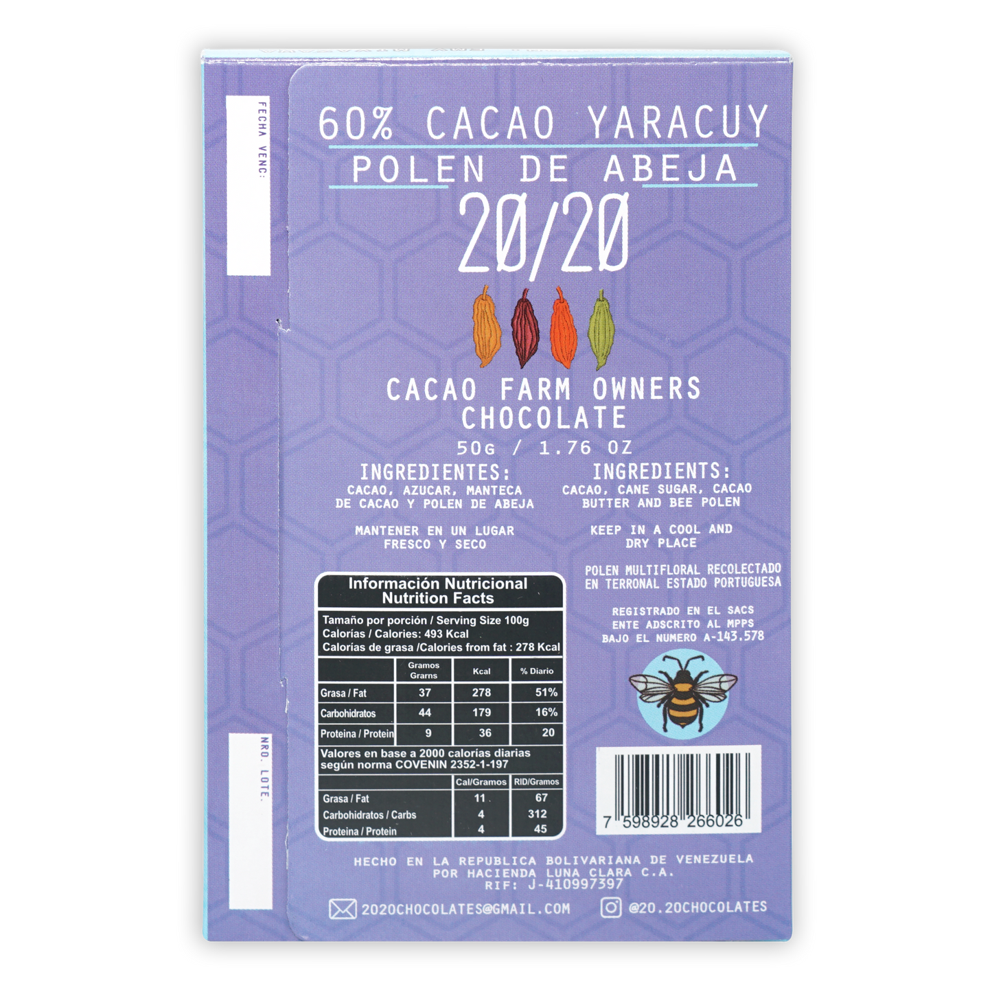 Purple 50g 60% cacao Yaracuy chocolate bar with bee pollen and cacao pod illustrations