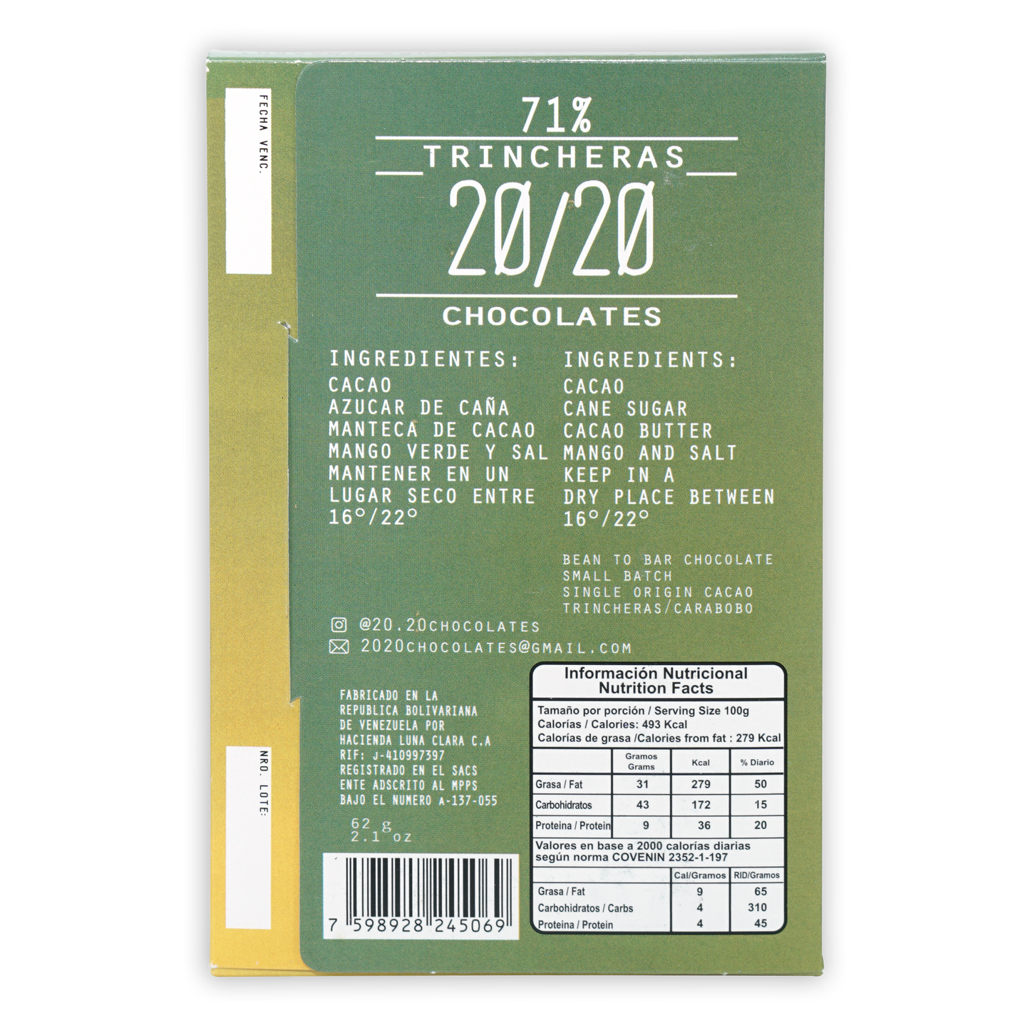 Matte olive-green 20/20 Dark Chocolate bar wrapper with 71% Trincheras branding