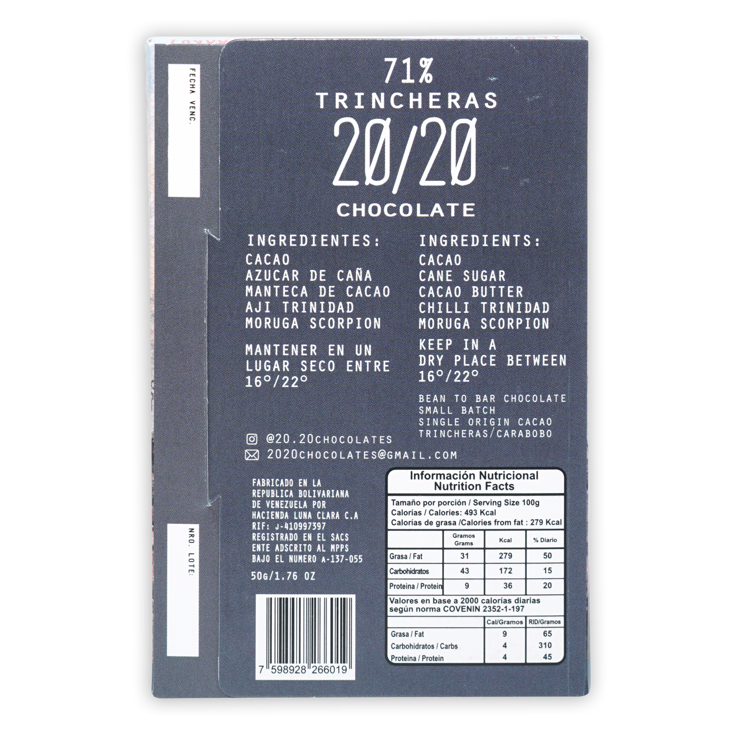 20/20 Dark Chocolate w/ Scorpion Chili bar wrapper, dark gray 71% trincheras