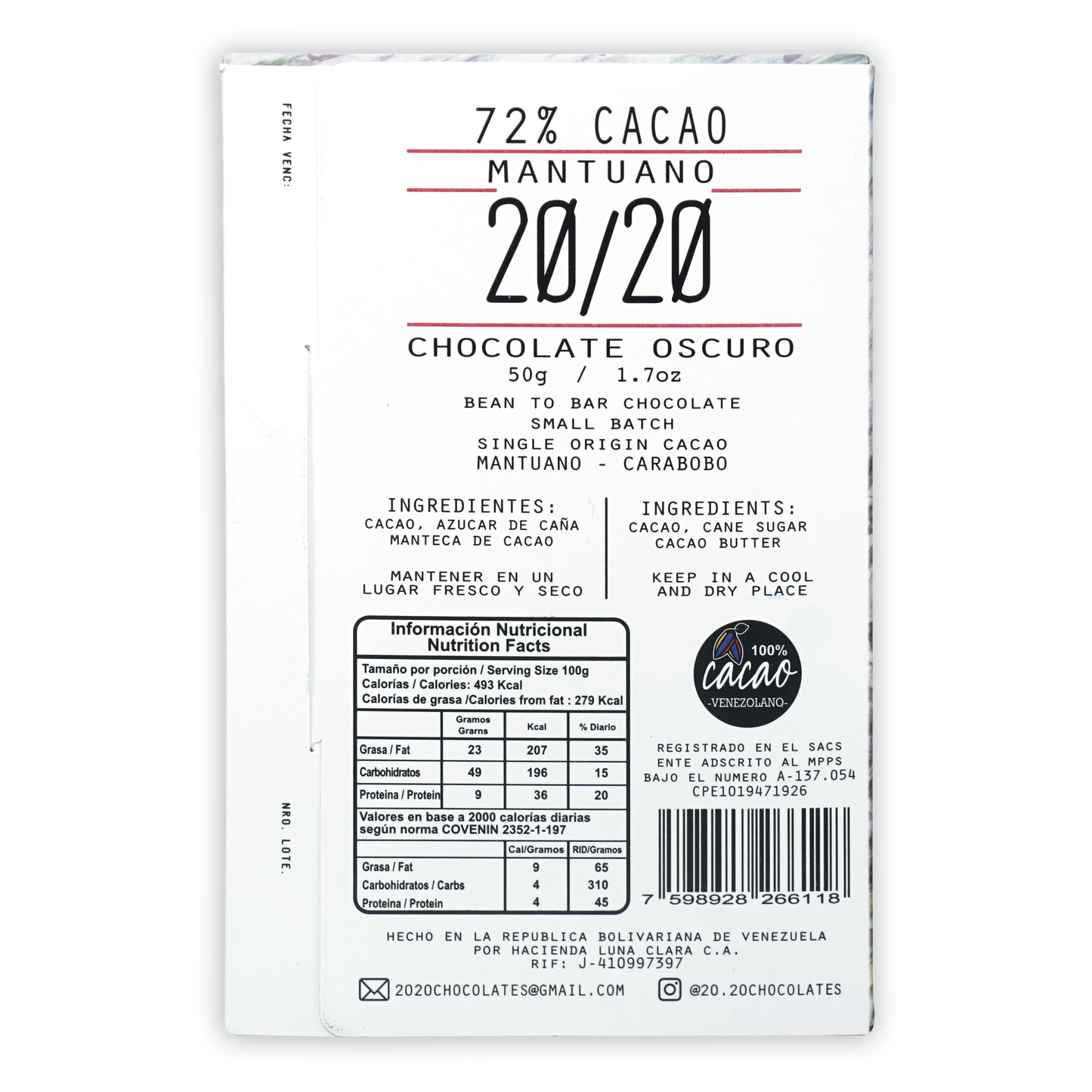 20/20 Mantuano 72% dark chocolate bar in white rectangular package