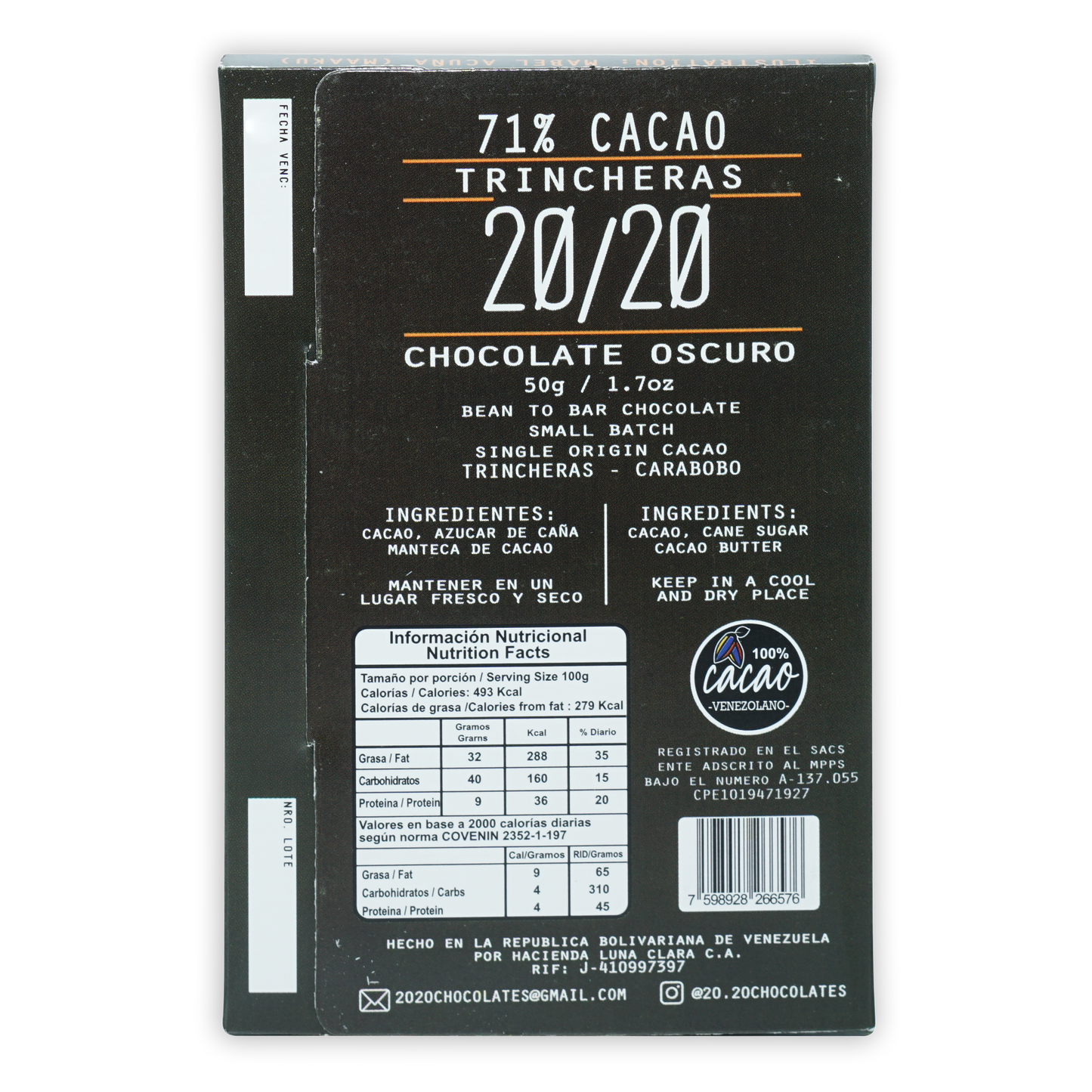 20/20 Trincheras 71% cacao dark chocolate bar wrapper