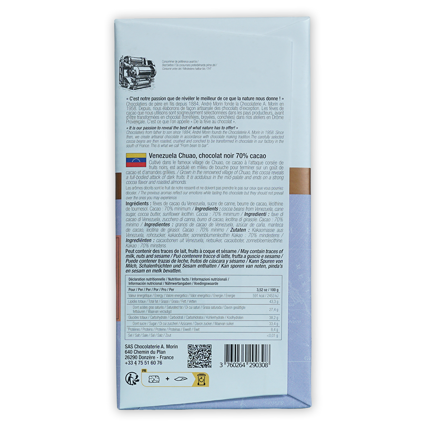 Back of A. Morin Venezuela Chuao 70% white wrapper with multilingual text