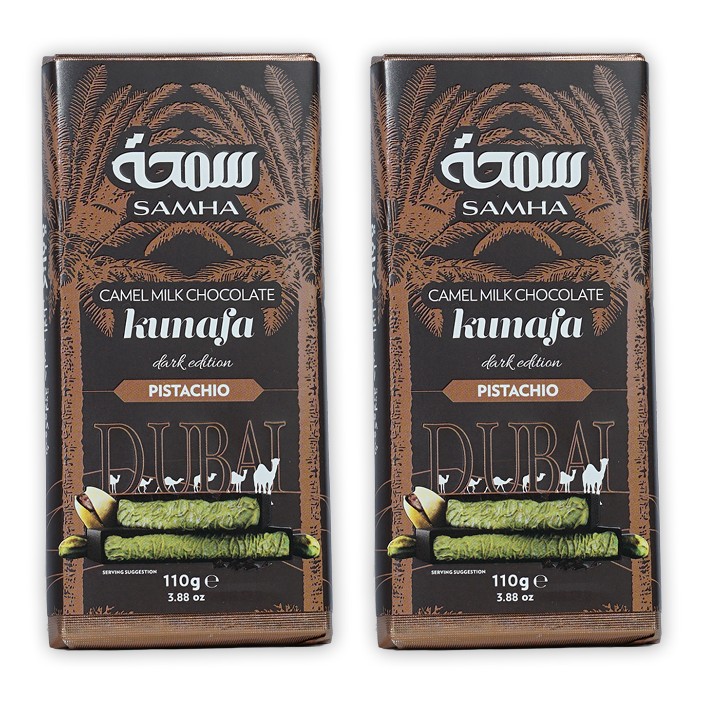 Two Samha Dubai dark edition kunafa pistachio camel milk chocolate bars