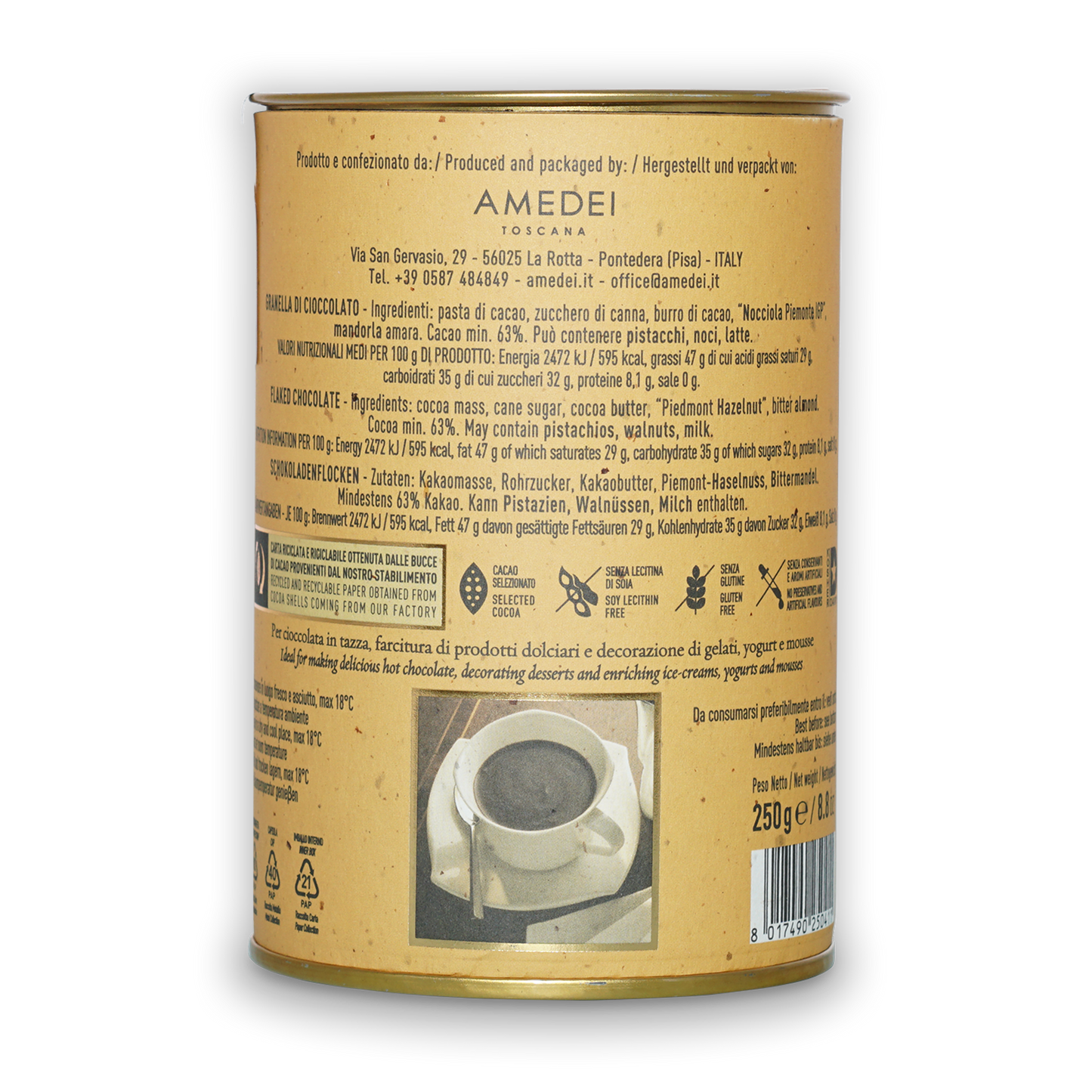 Amedei Toscana 62% hot chocolate flakes yellow tin with gold lid