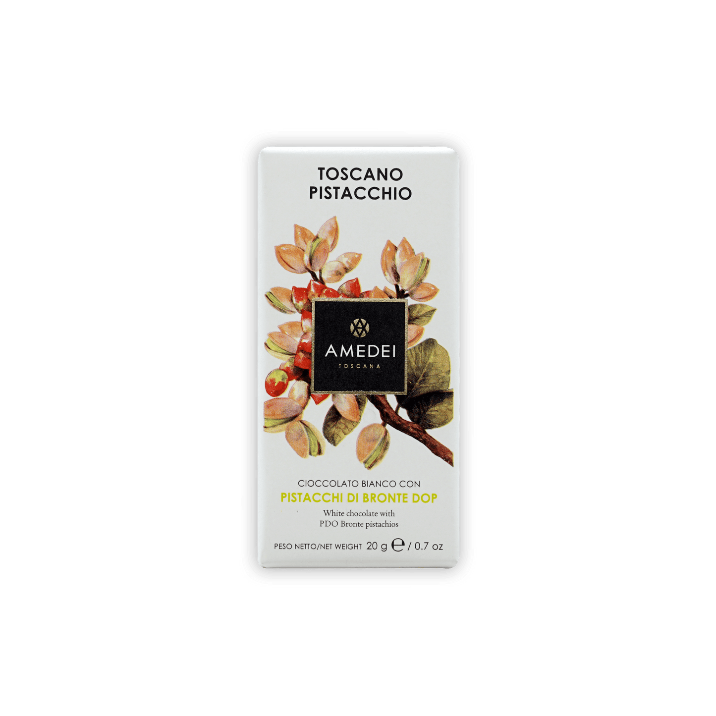 Amedei Mini Bars White w/ Pistachio 29% in elegant botanical wrapper