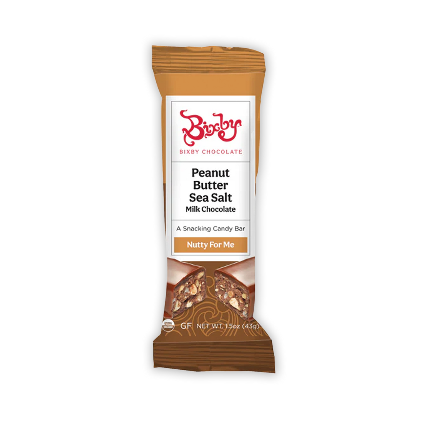 Bixby Mini chocolate peanut butter sea salt milk chocolate bar in brown white wrapper