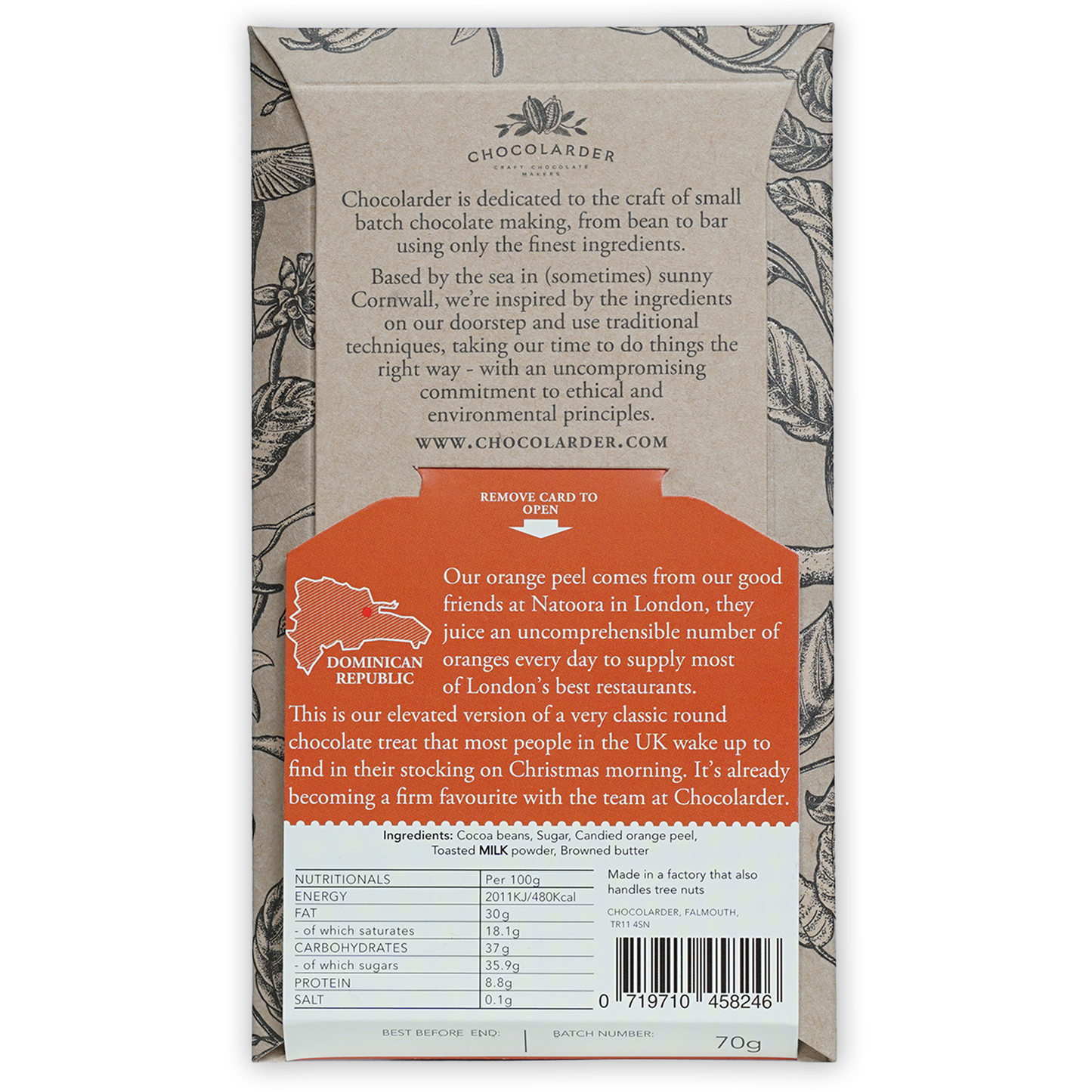 Back of Chocolarder candied orange peel brown butter milk chocolate 60% wrapper