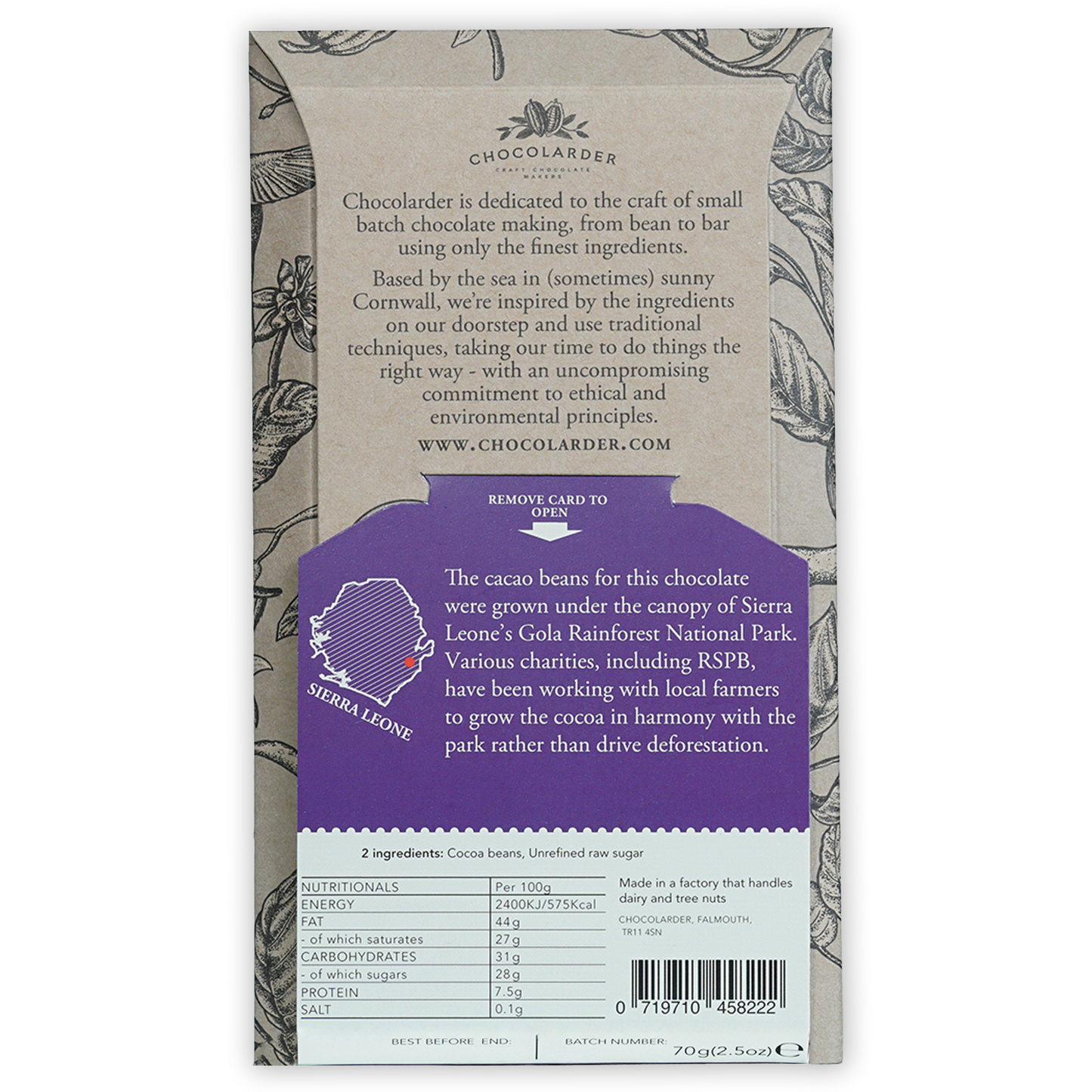 Back of Chocolarder Dark Gola Rainforest 78% bar wrapper with beige purple botanical design