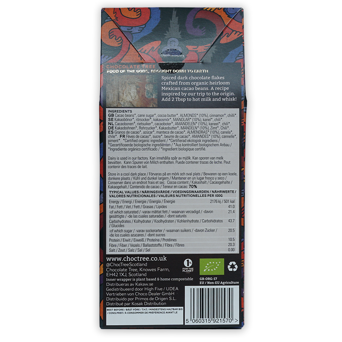 Back of Chocolate Tree Hot Chocolate Aztec Spice 70% bar box with ingredients