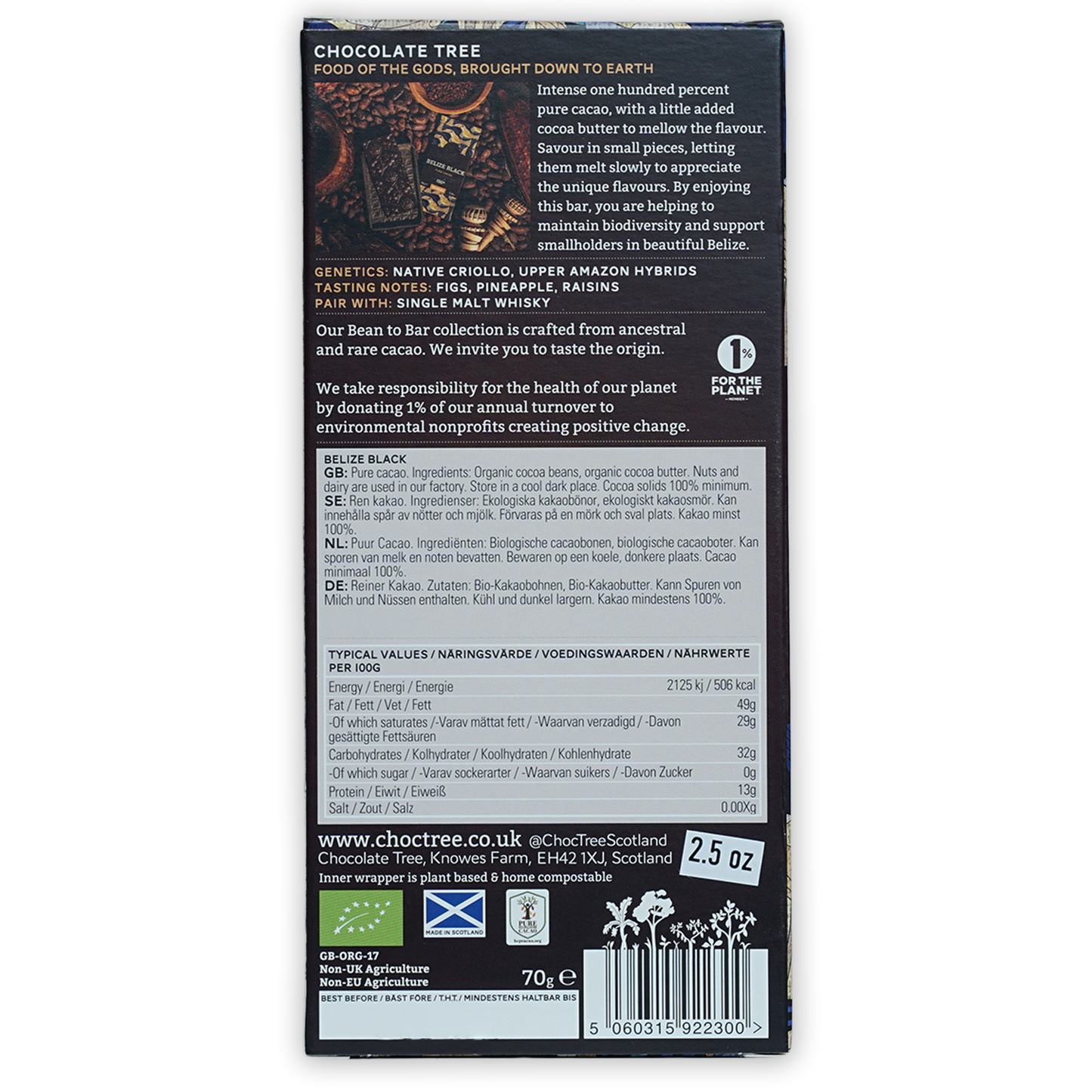 Chocolate Tree Belize Black 100% bar in dark blue packaging with cocoa beans
