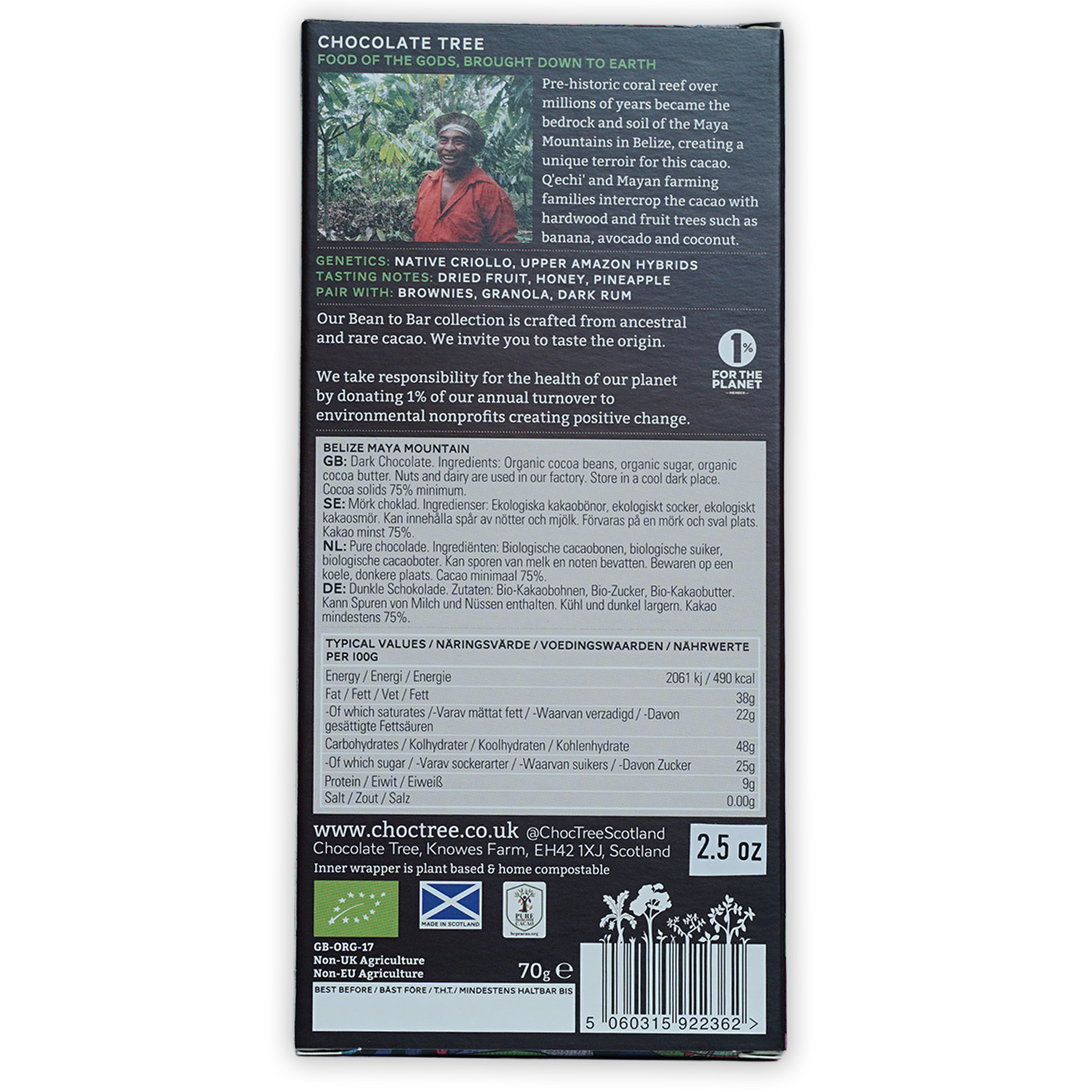 Chocolate Tree Dark Belize Maya Mountain 75% bar in black wrapper