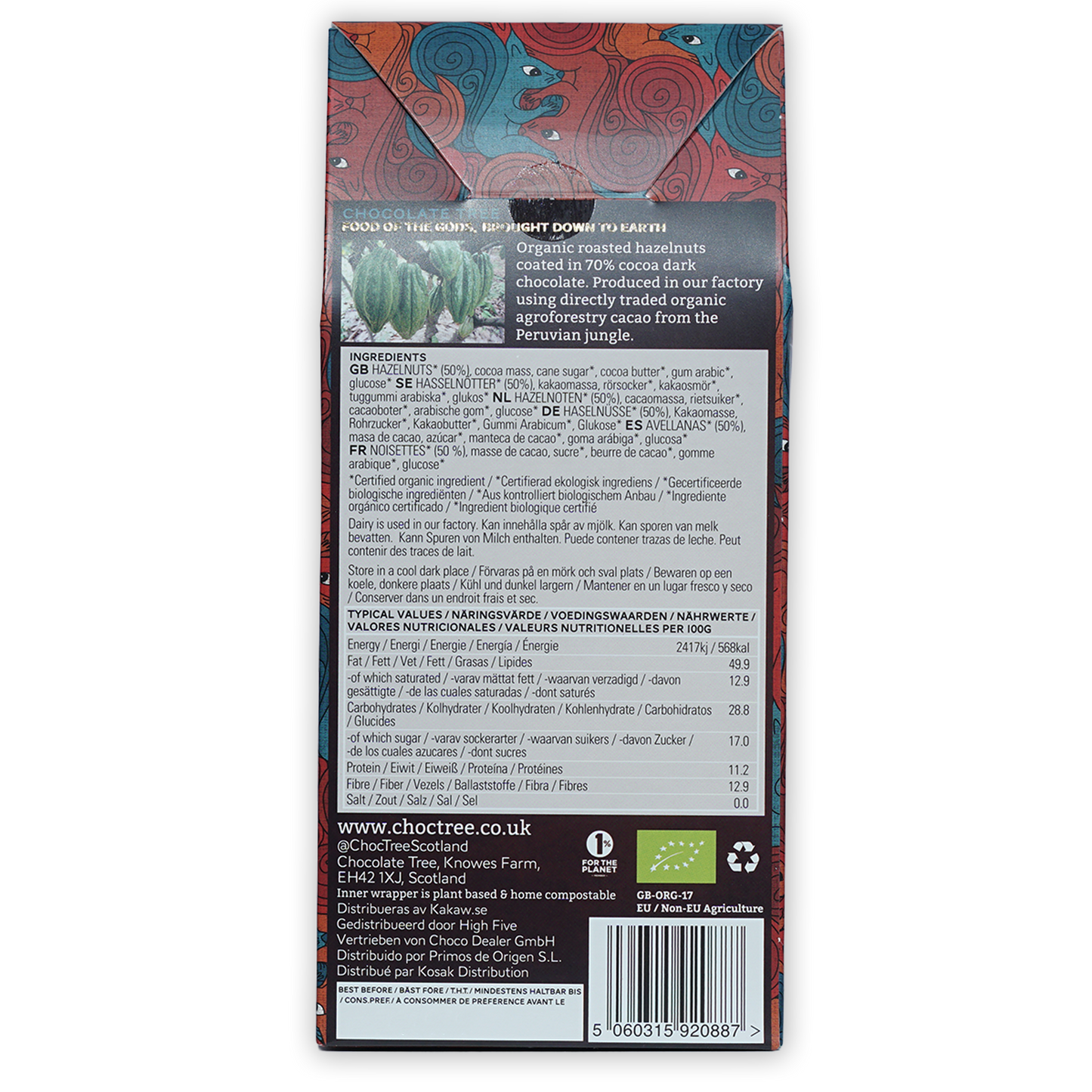 Back of Chocolate Tree 70% dark chocolate hazelnuts wrapper with tribal eye patterns