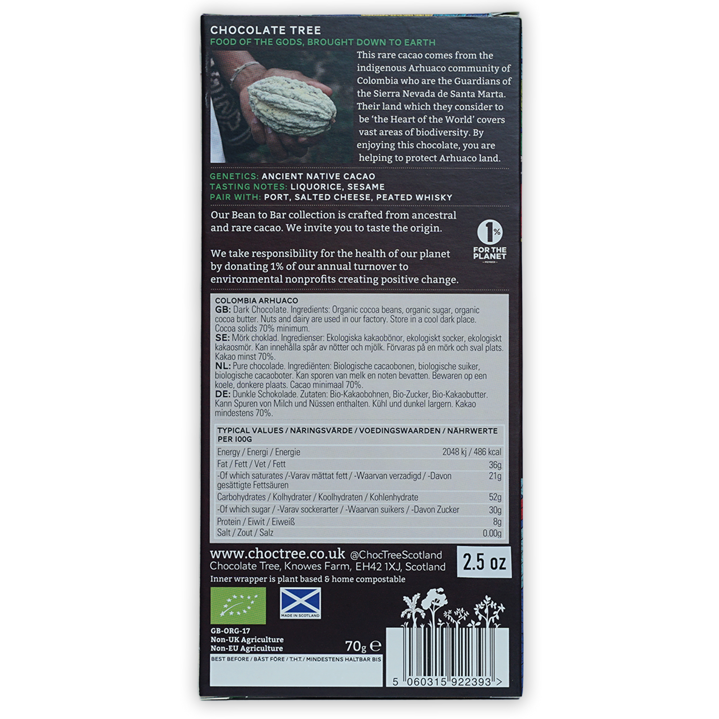 Chocolate Tree Dark Colombia Arhuaco 70% bar in dark green black pack with cacao pods