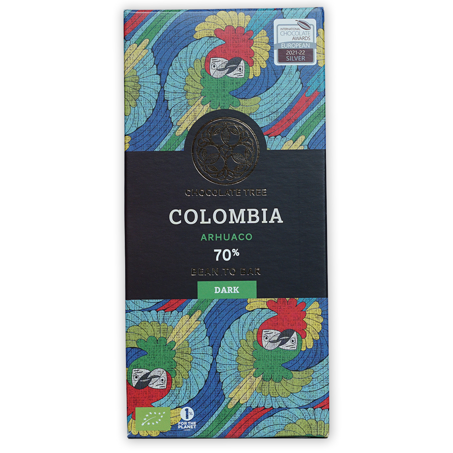 Chocolate Tree Colombia 70% dark bar wrapper with parrots in bundle