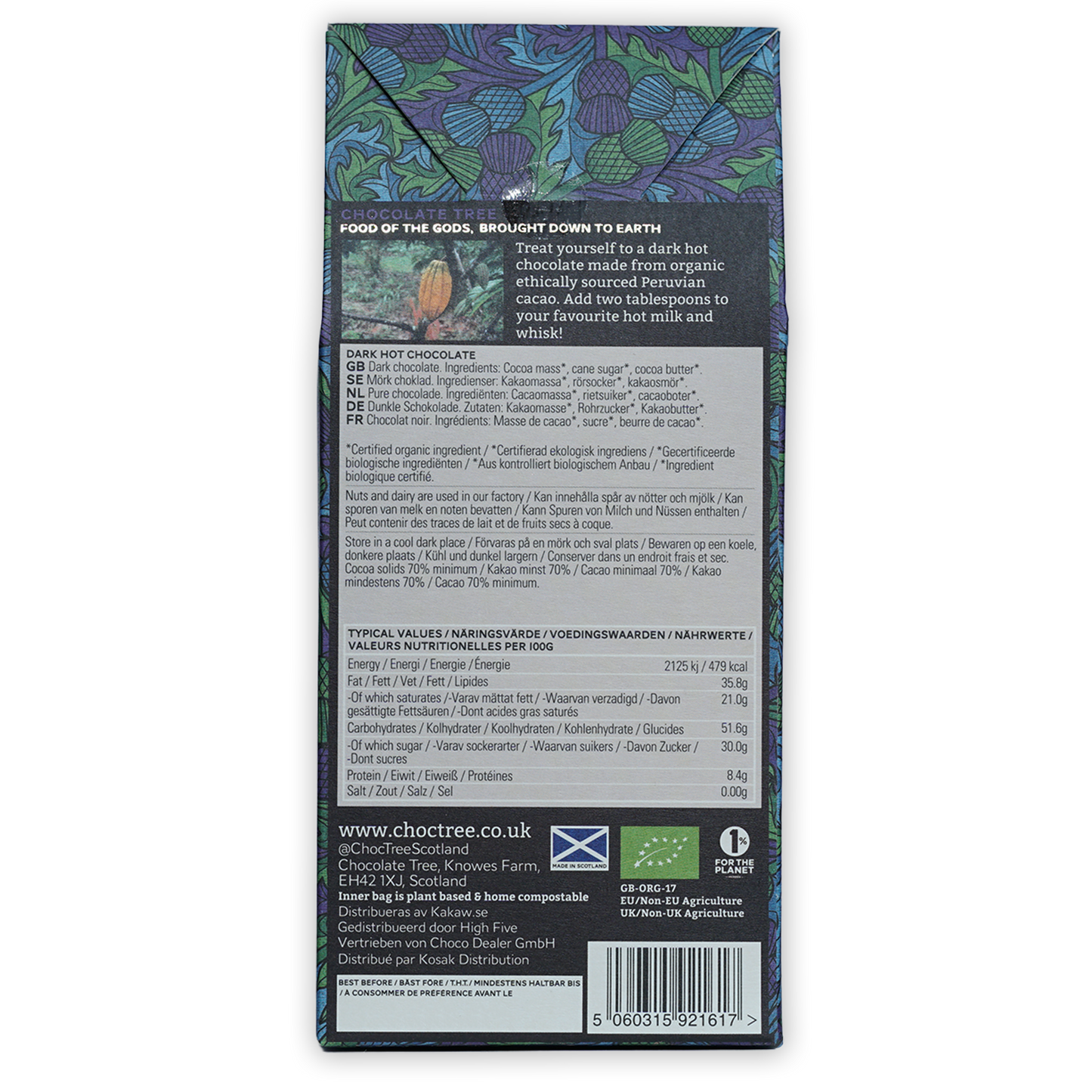 Chocolate Tree Hot Chocolate Dark 70% bar in blue green botanical packaging