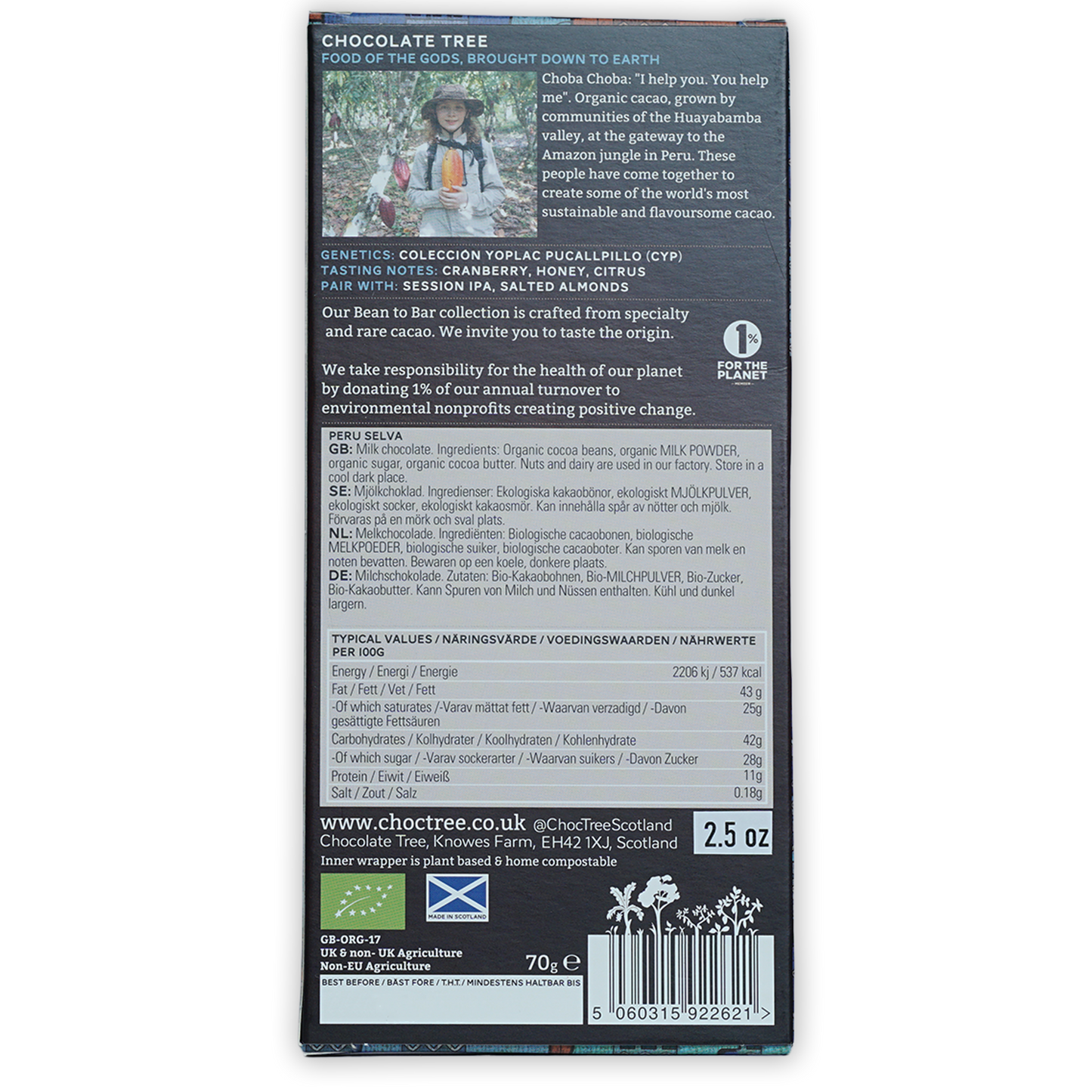 Chocolate Tree Dark Milk Peru Selva 60% organic cacao bar with matte packaging