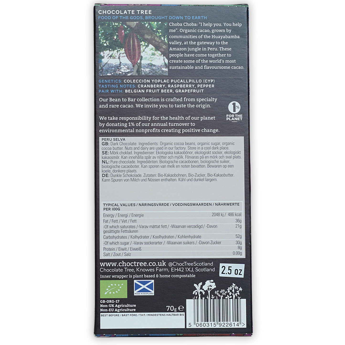 Chocolate Tree Dark Peru Selva 70% bar in matte black wrapper