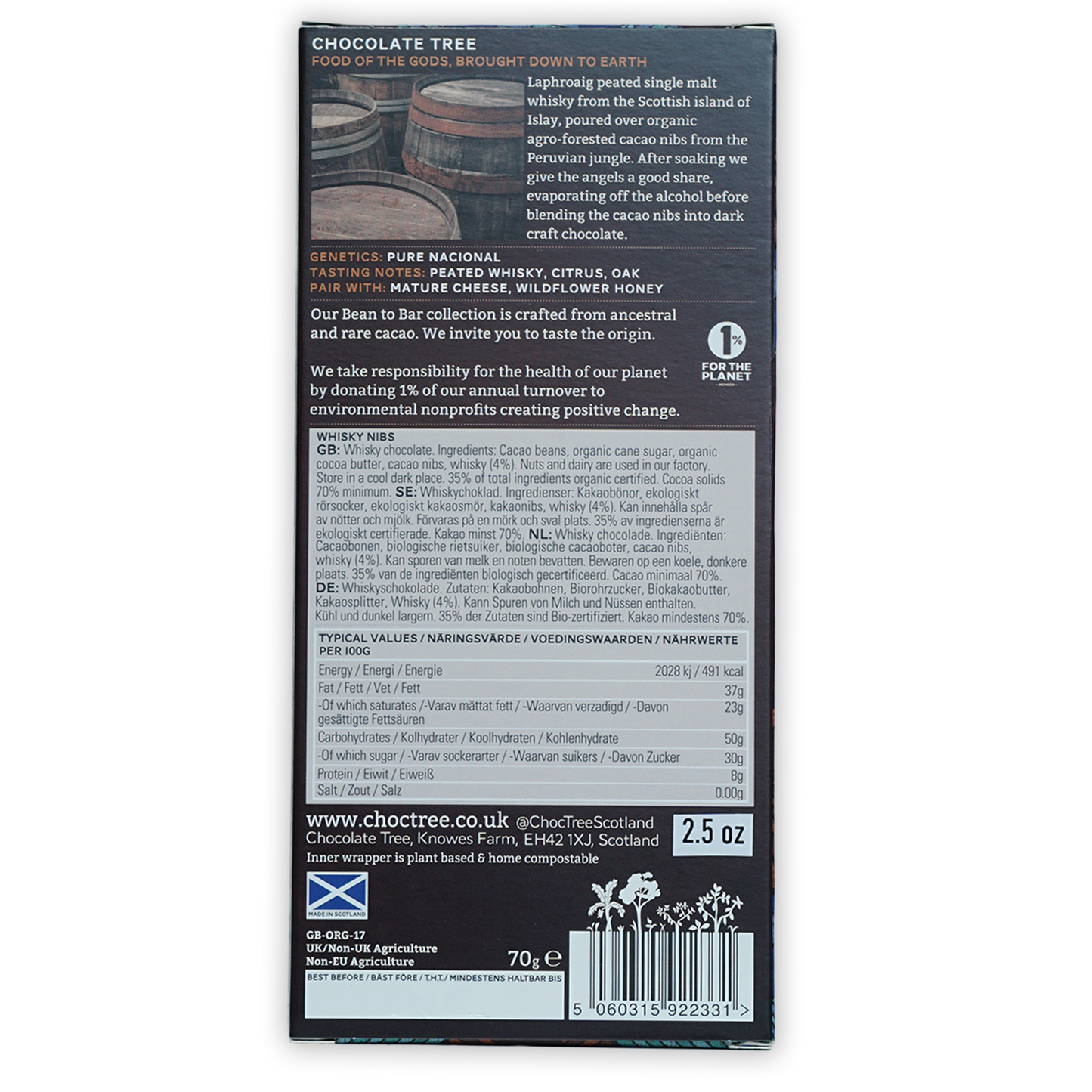 Chocolate Tree Dark Whisky Nibs 70% bar in sleek matte black box