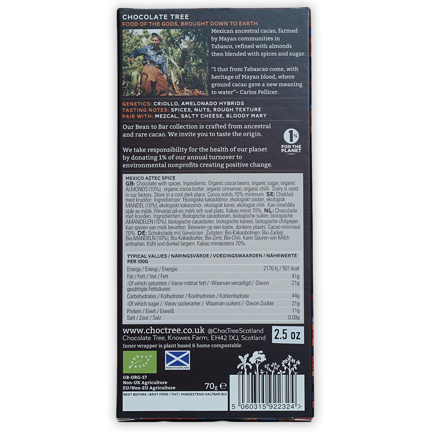 Back of Chocolate Tree Dark Mexico Aztec Spice 70% bar with Mexican cacao label