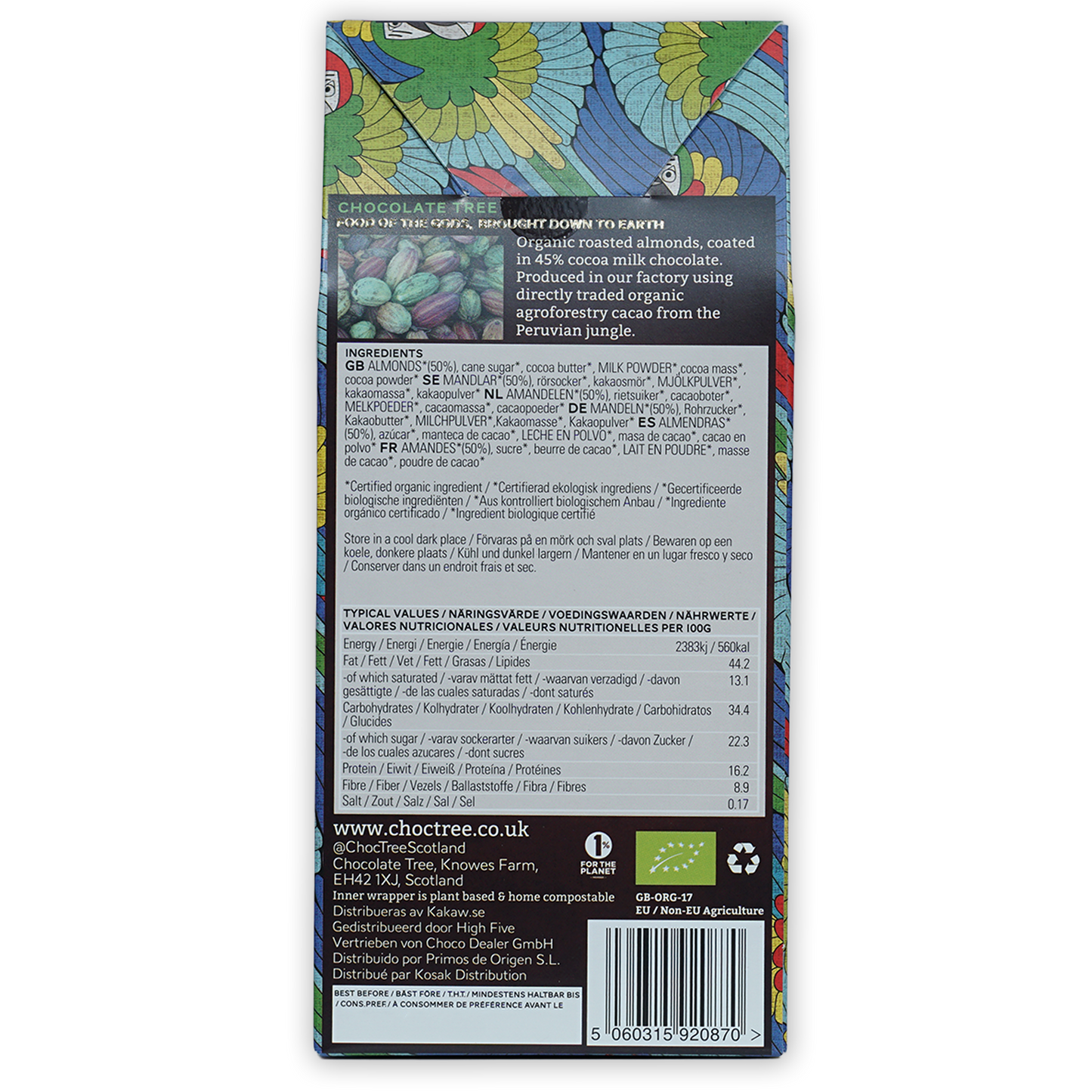 Chocolate Tree Milk Chocolate Covered Almonds with green blue nature wrapper