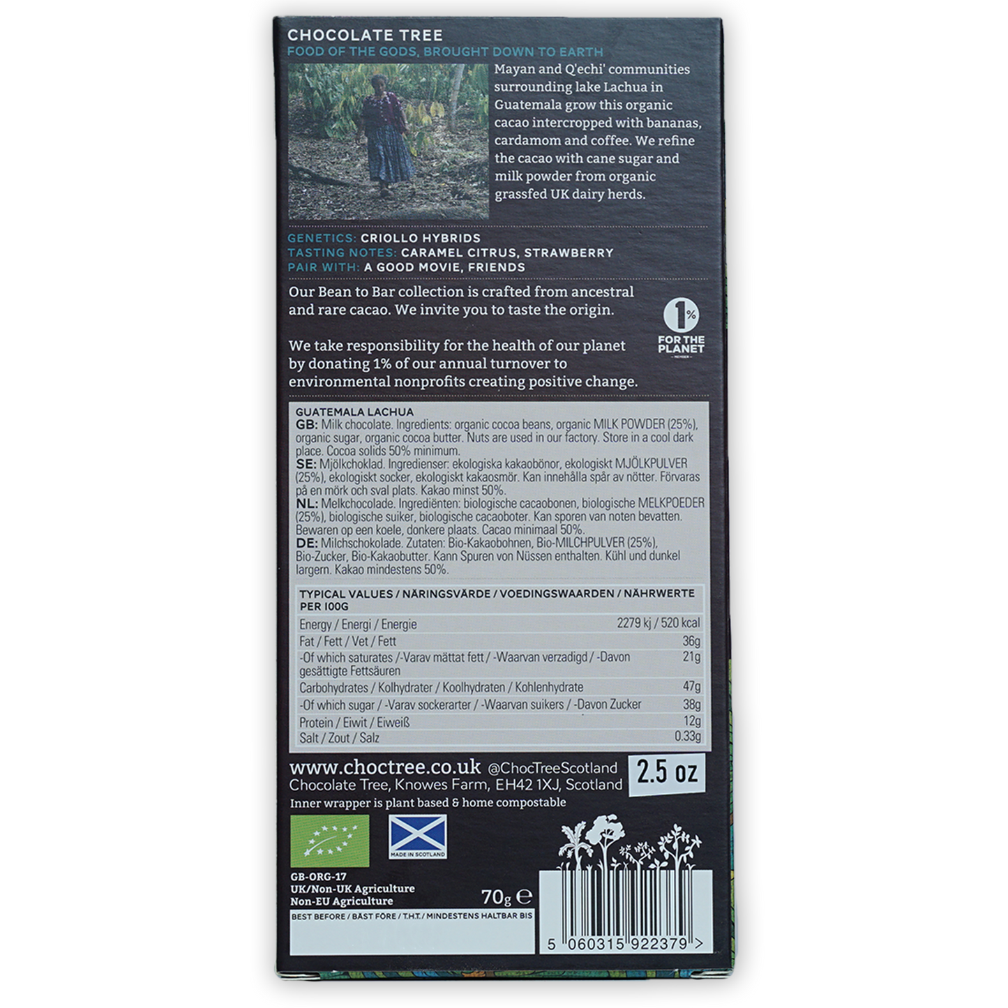 Back of Chocolate Tree Milk Guatemala 50% dark chocolate bar with matte finish, white and light green text