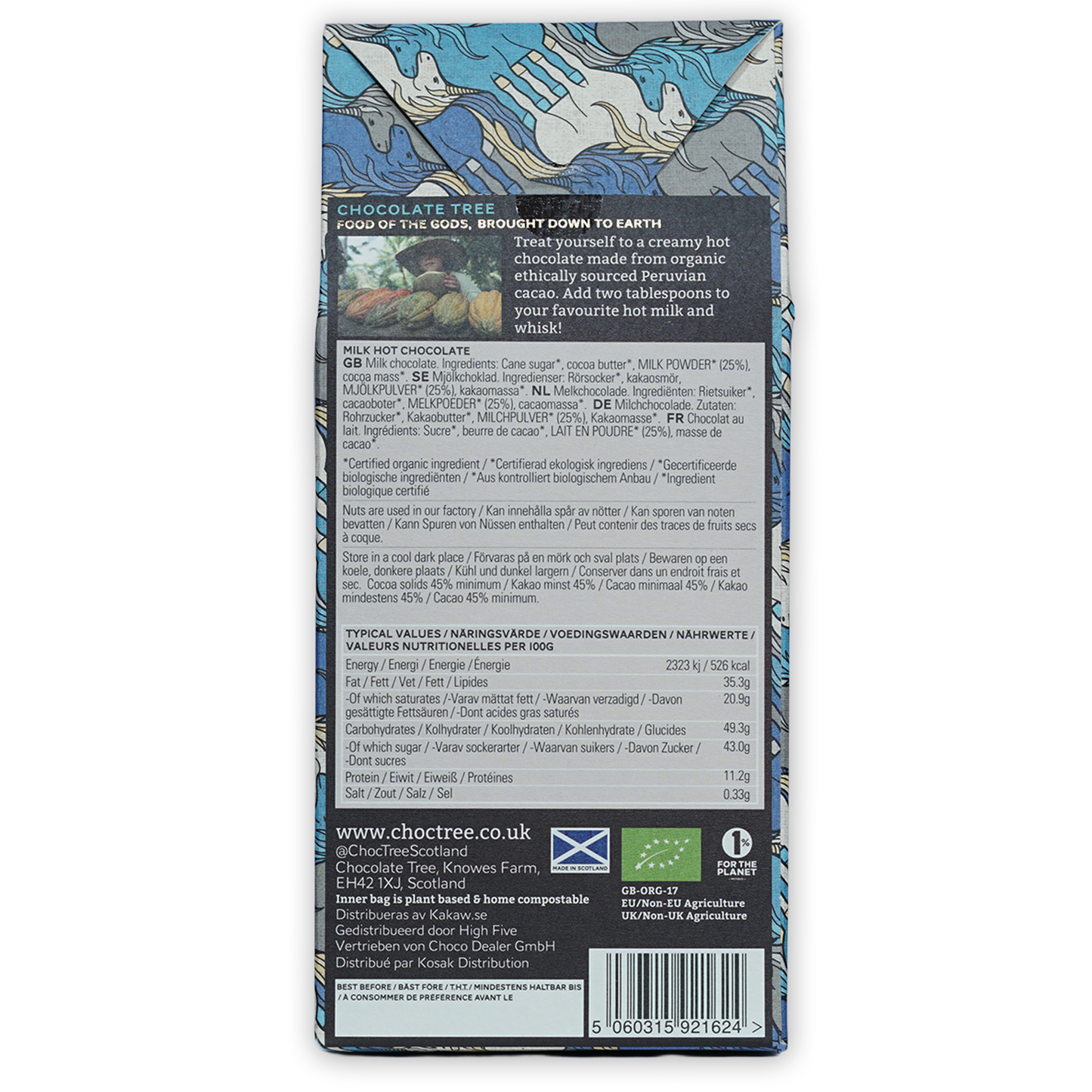 Chocolate Tree Milk Hot Chocolate Bar in blue white wrapper 45%