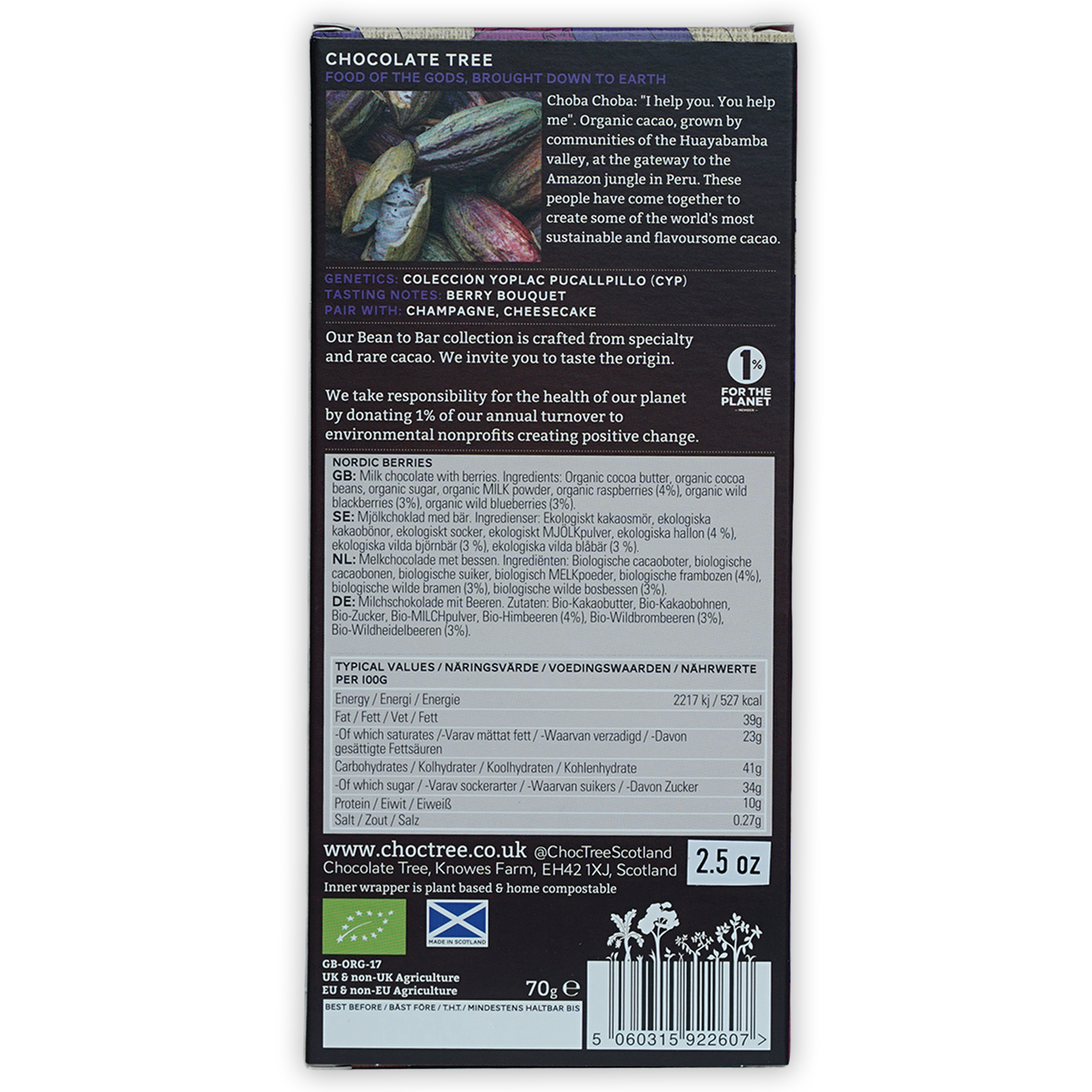 Chocolate Tree Milk w/ Nordic Berries 50% dark chocolate bar packaging