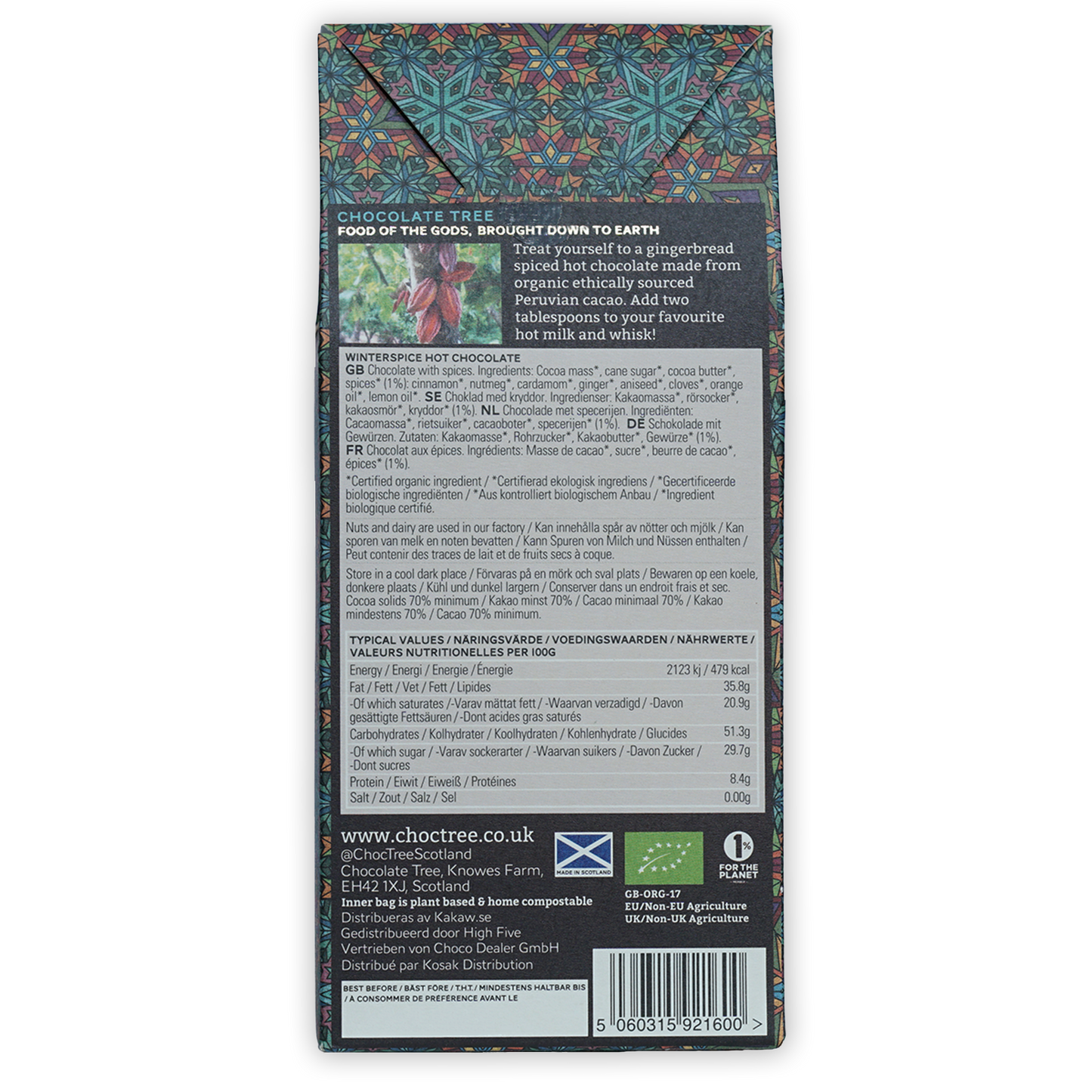 Back of Chocolate Tree Hot Chocolate Winterspice wrapper with colorful geometric patterns, ingredients and nutrition facts