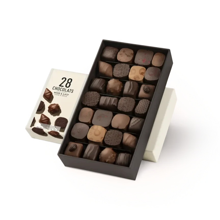 Michel Cluizel 28-piece chocolate bon bons gift box with assorted dark and milk truffles