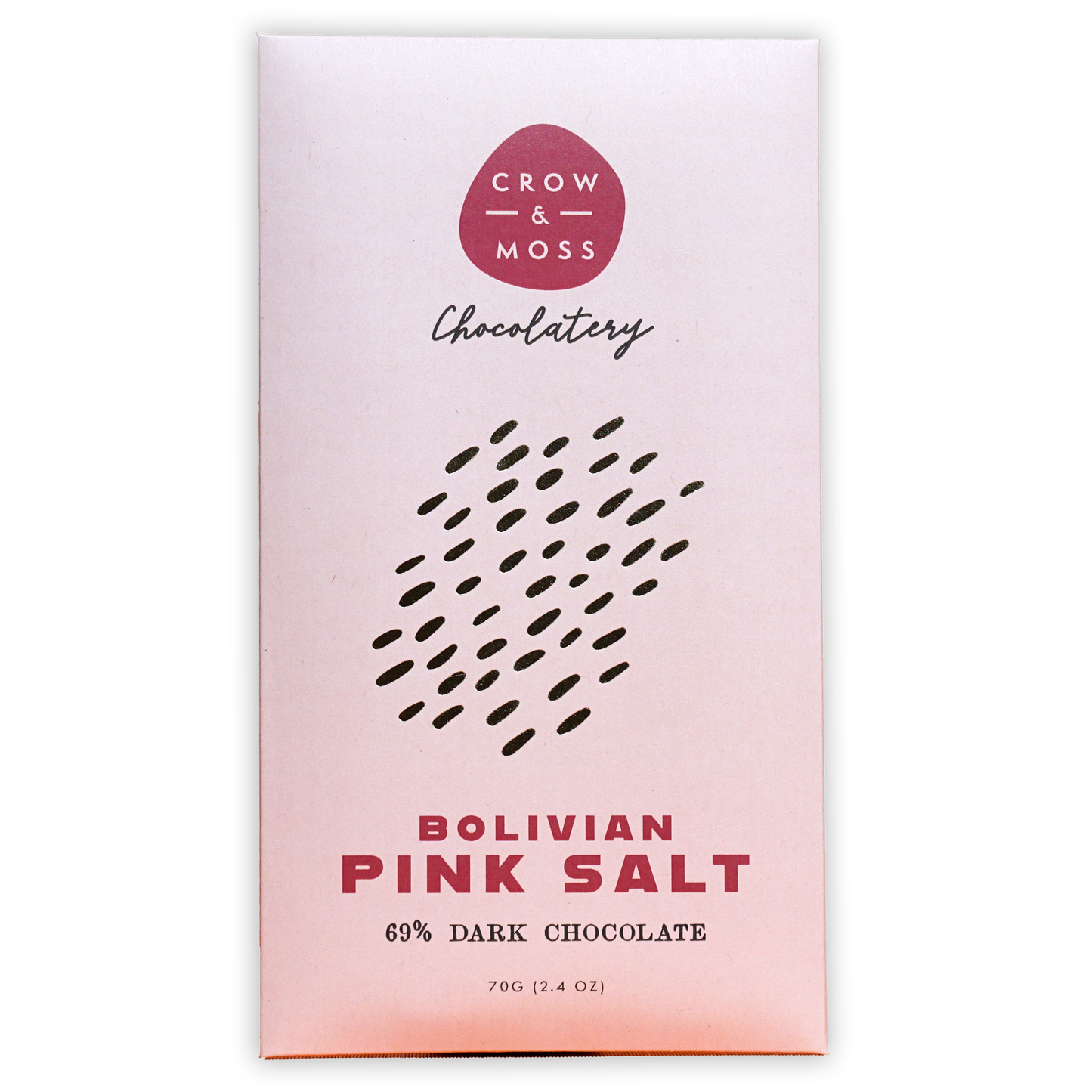 Crow & Moss Bolivian Rose Salt 67% pink chocolate bar wrapper