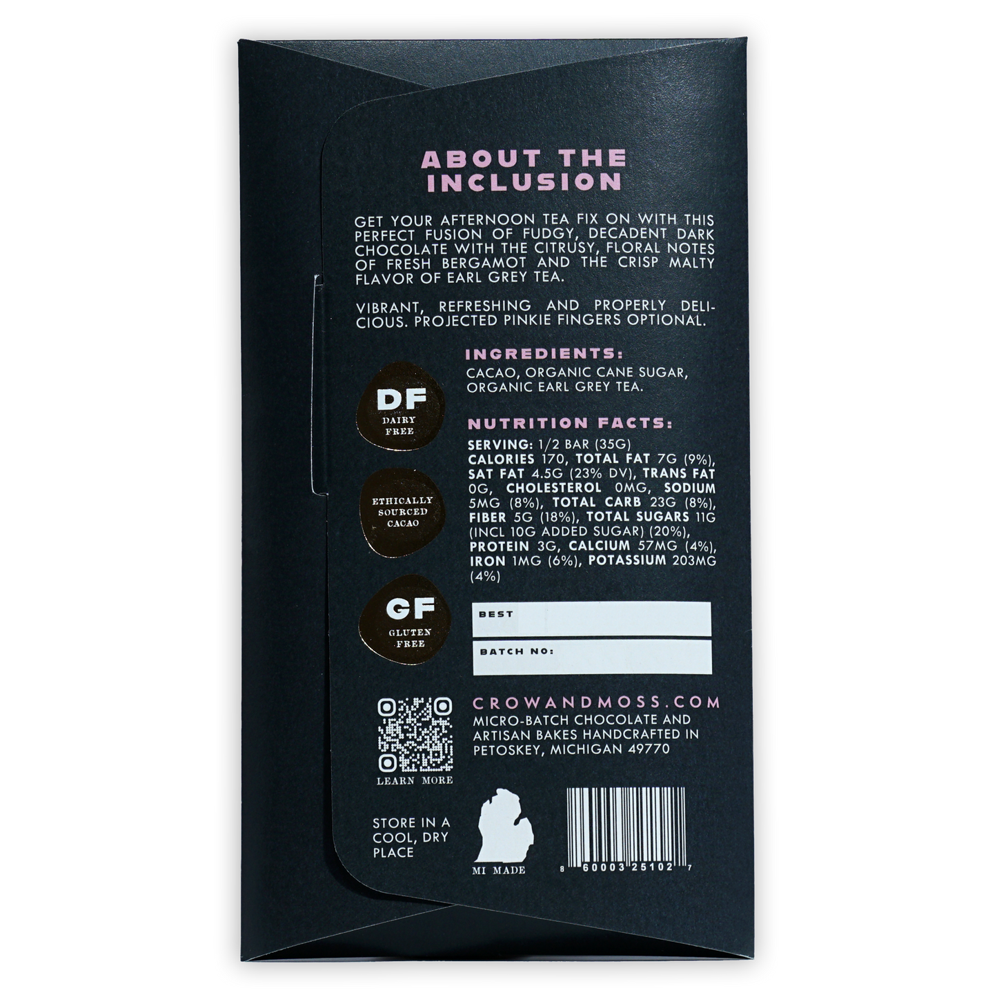 Black matte Crow & Moss Earl Grey Tea 67% dairy-free gluten-free chocolate bar
