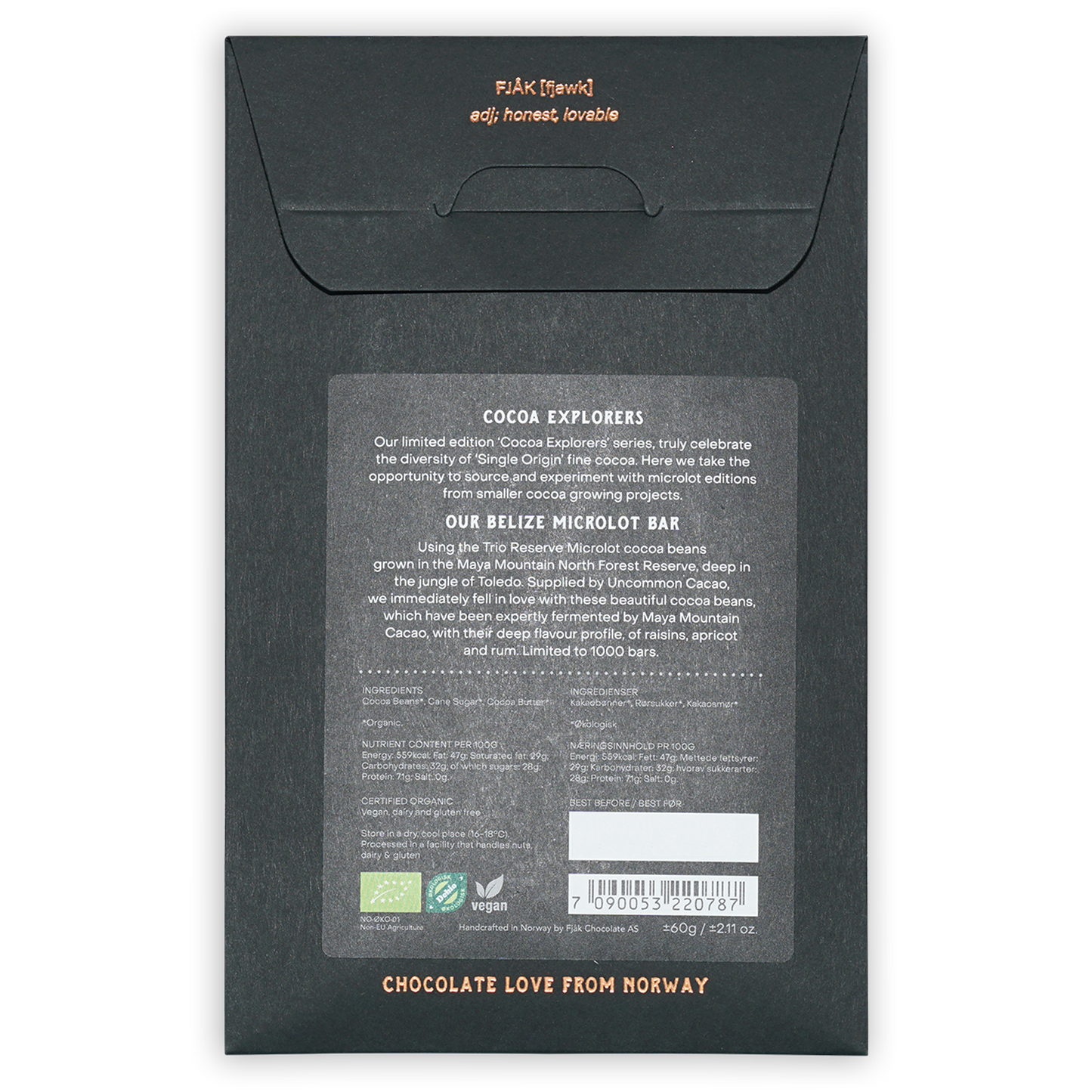 Black matte paper packaging for Fjåk Dark Belize 70% limited microlot chocolate bar