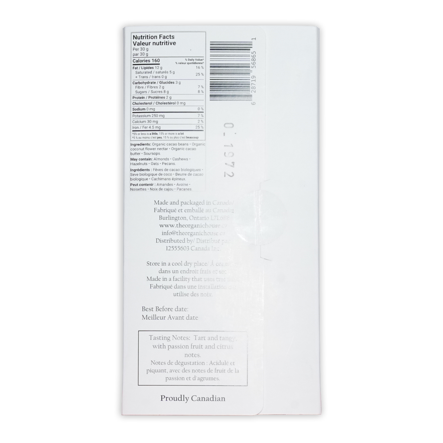 White rectangular package of the organic house nature’s candy soursop dark 70% cacao bars back with nutrition and ingredients