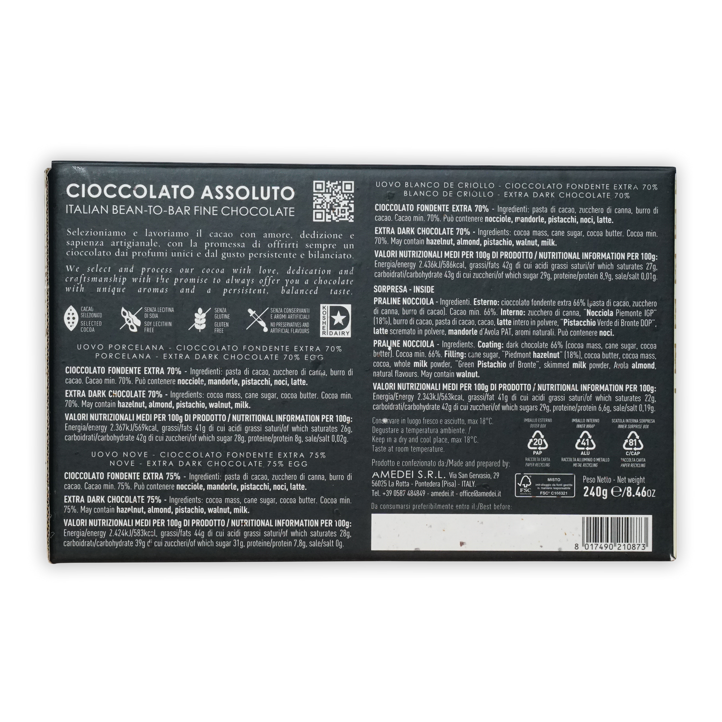 Amedei Easter Eggs Dark Trio black chocolate bar wrapper with Cioccolato Assoluto QR code