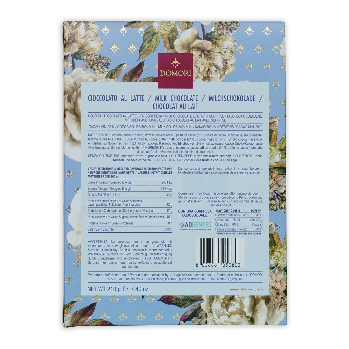 Domori easter egg milk chocolate bar in decorative box with floral and star patterns for seasonal gift