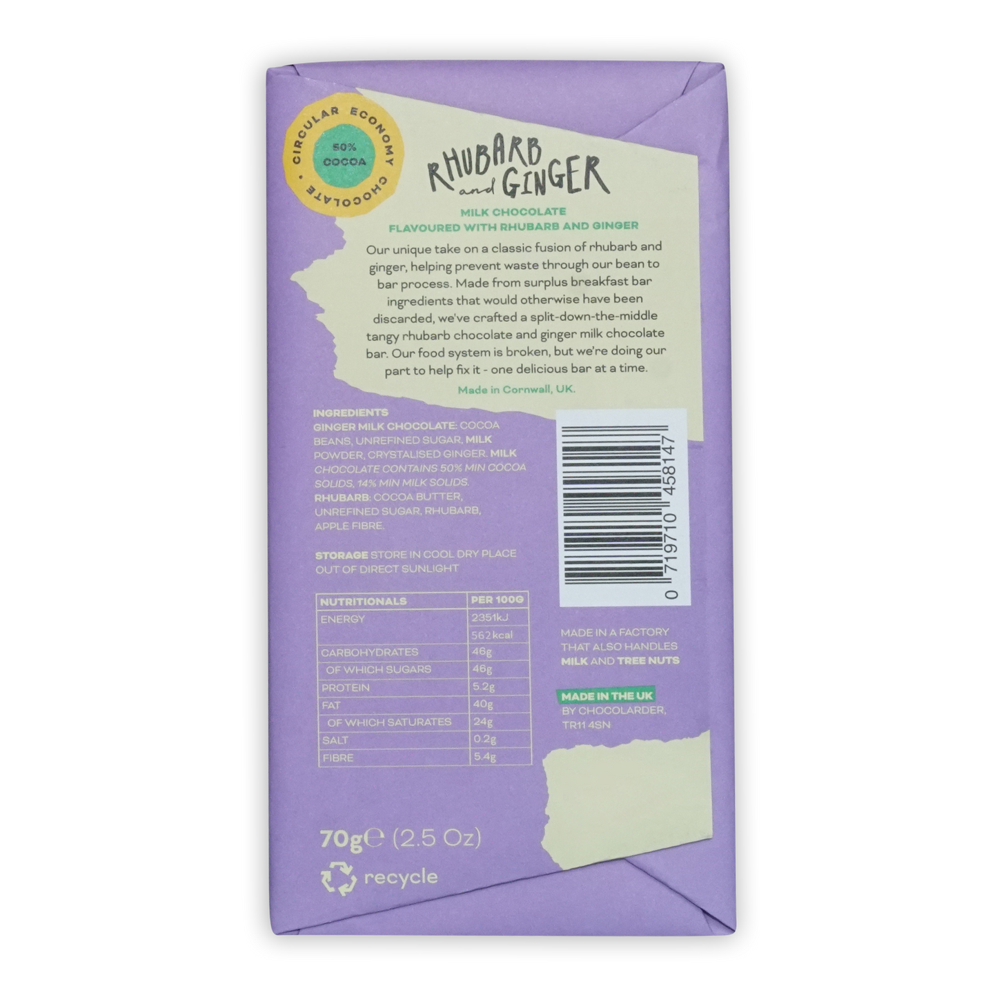 Chocolarder Rhubarb & Ginger Milk Chocolate 50% purple torn wrapper