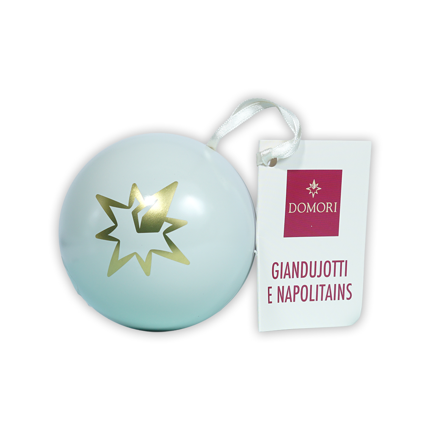 Light blue Domori Christmas ivory ornament with gold star, white ribbon, chocolates