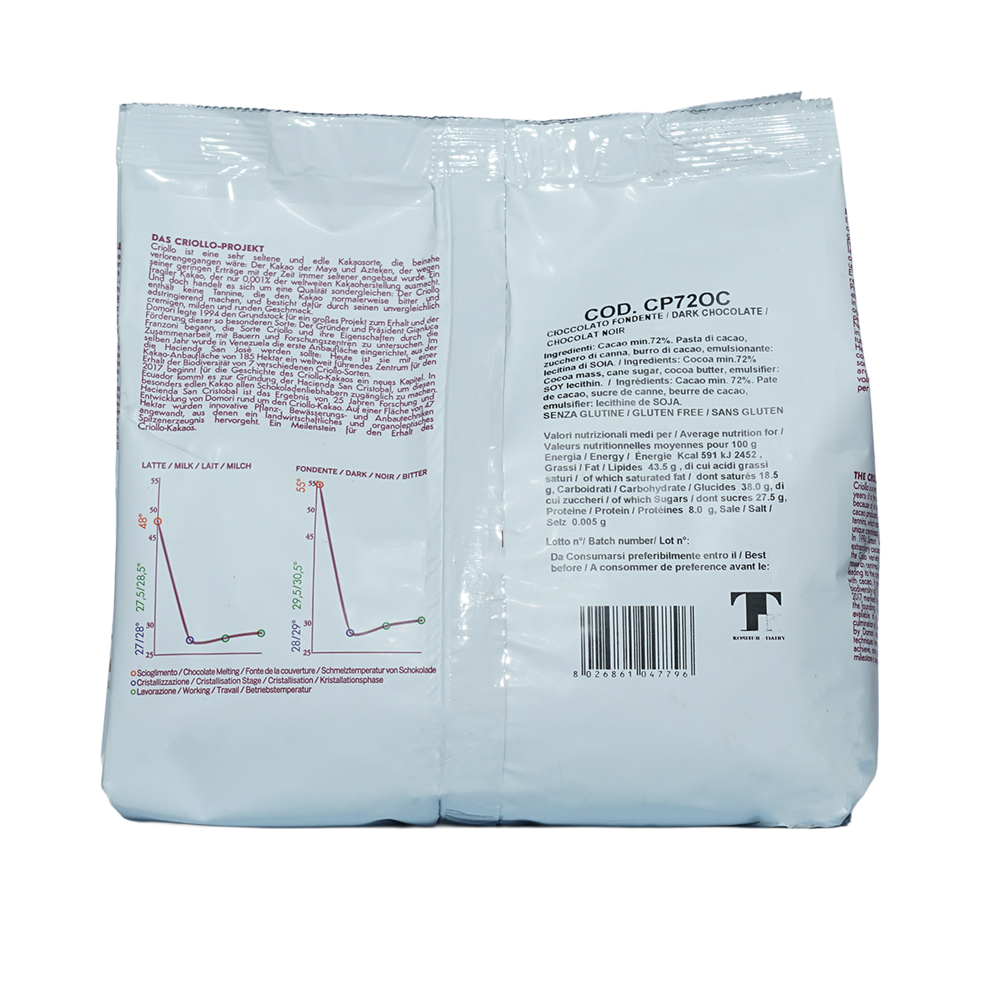 Domori Bulk Dark Ocumare 72% chocolate drops 1kg package back with multilingual labels