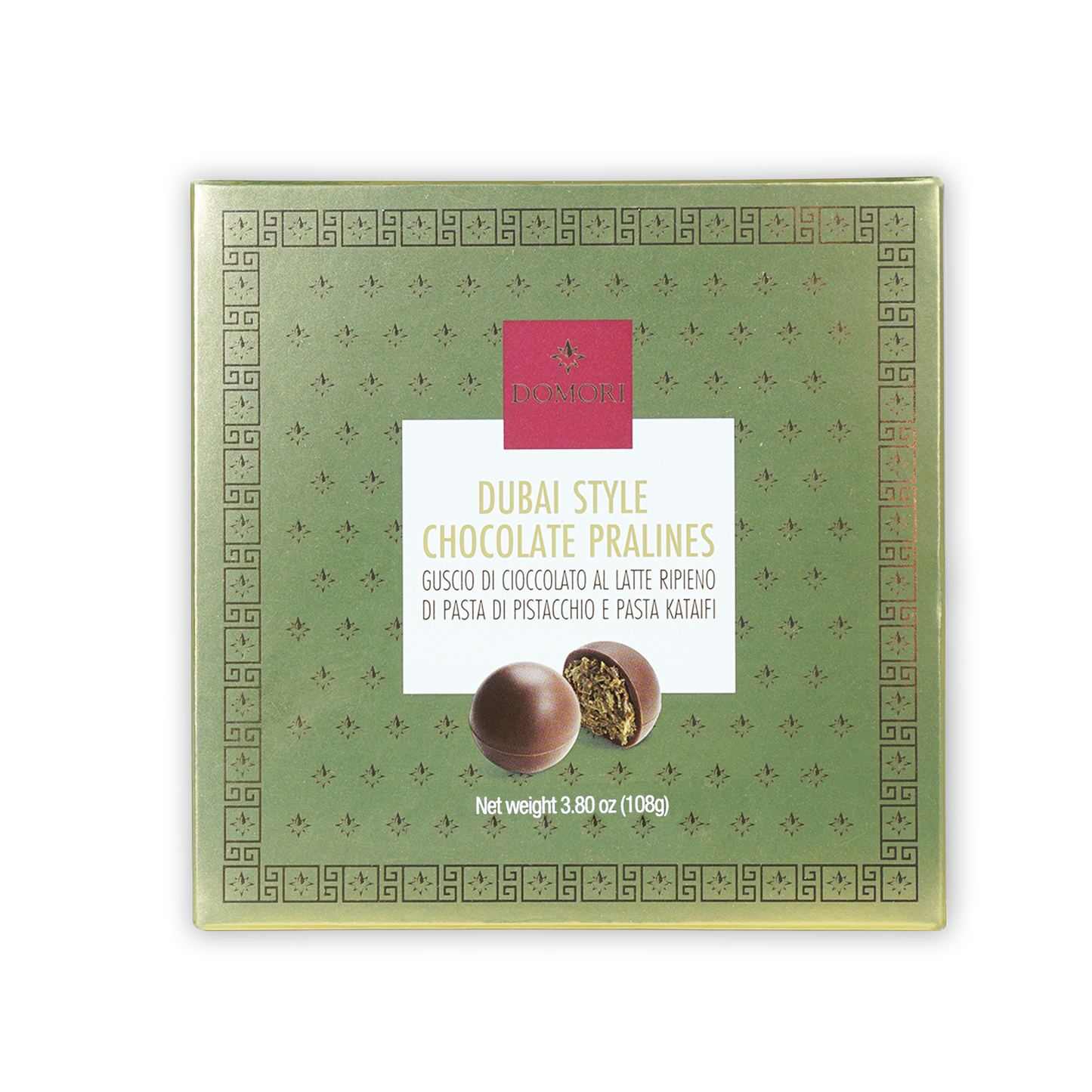 Domori Dubai Chocolate Pralines green gift box with pink label, 9 pcs