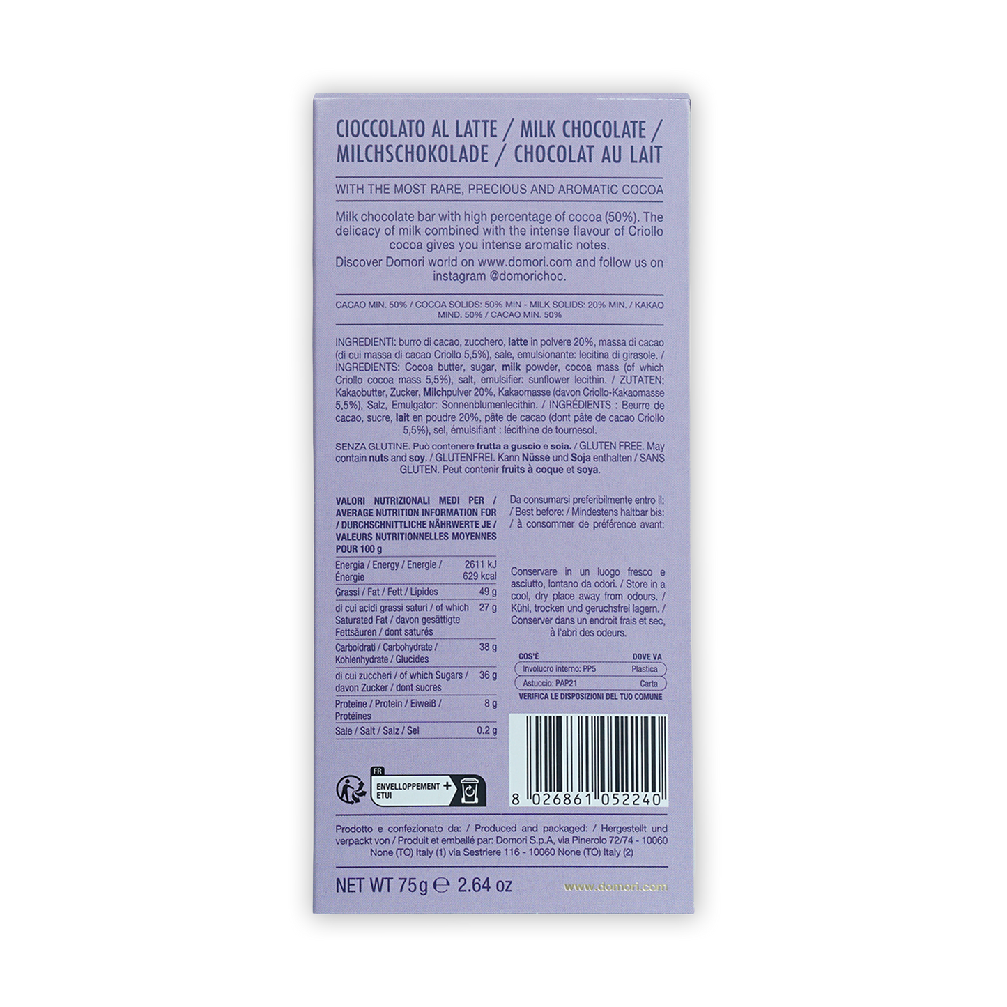 Domori Milk Chocolate 50% light gray wrapper back with multilingual text