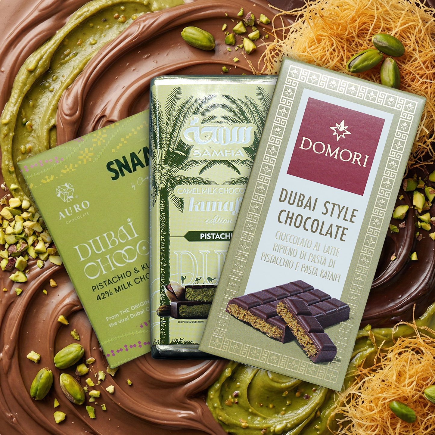 Best Dubai Chocolate Bundle: Auro Dubai pistachio, Samha camel milk, Domori bars