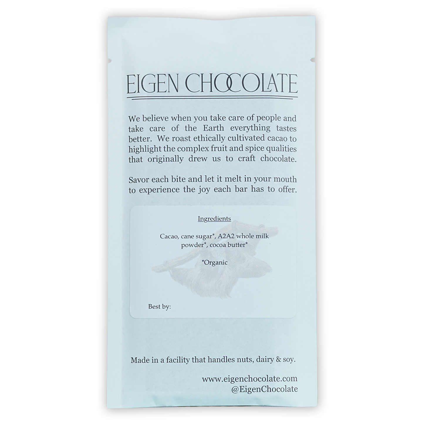 Eigen Brown Butter Milk Chocolate Dulce del Oso 54% bar in light blue matte pouch