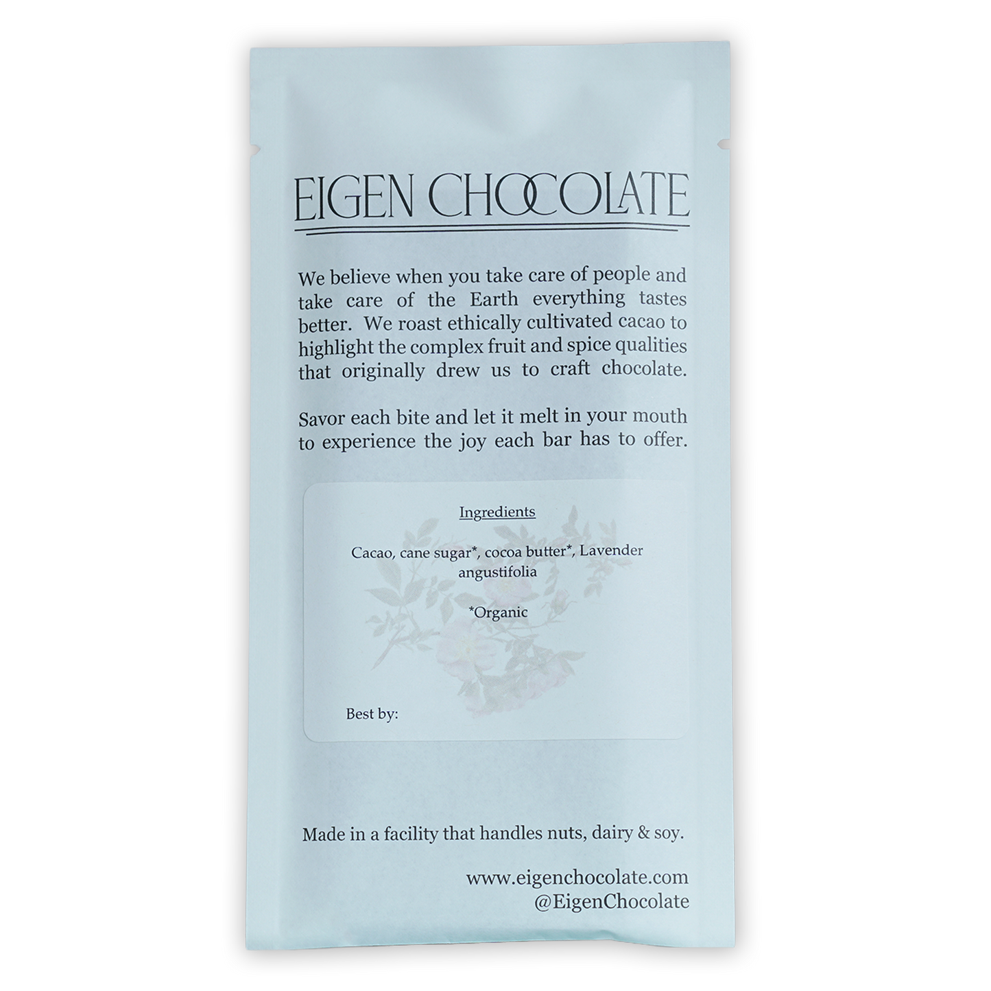 Eigen Dark Chocolate w/ Lavender 62% in sleek white foil wrapper