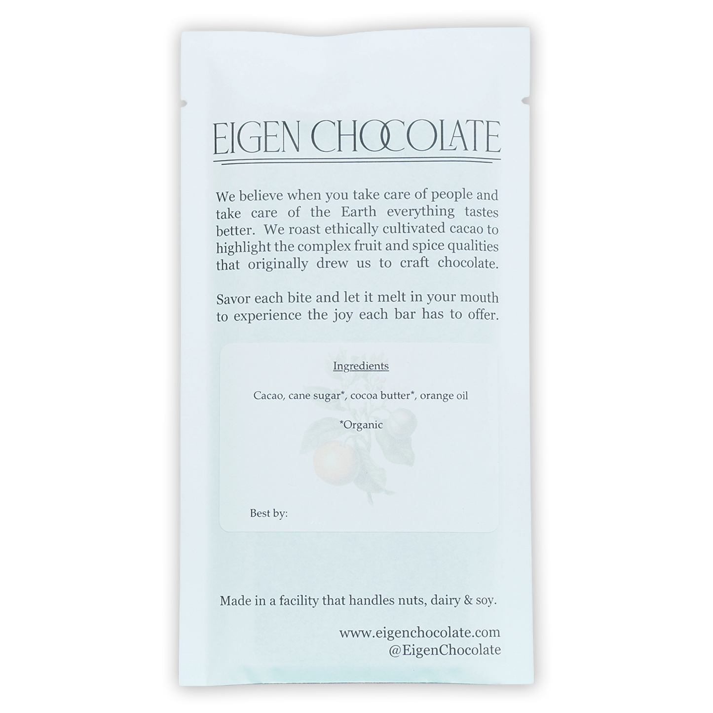Eigen Dark Chocolate with Orange 70% minimalist white packaging