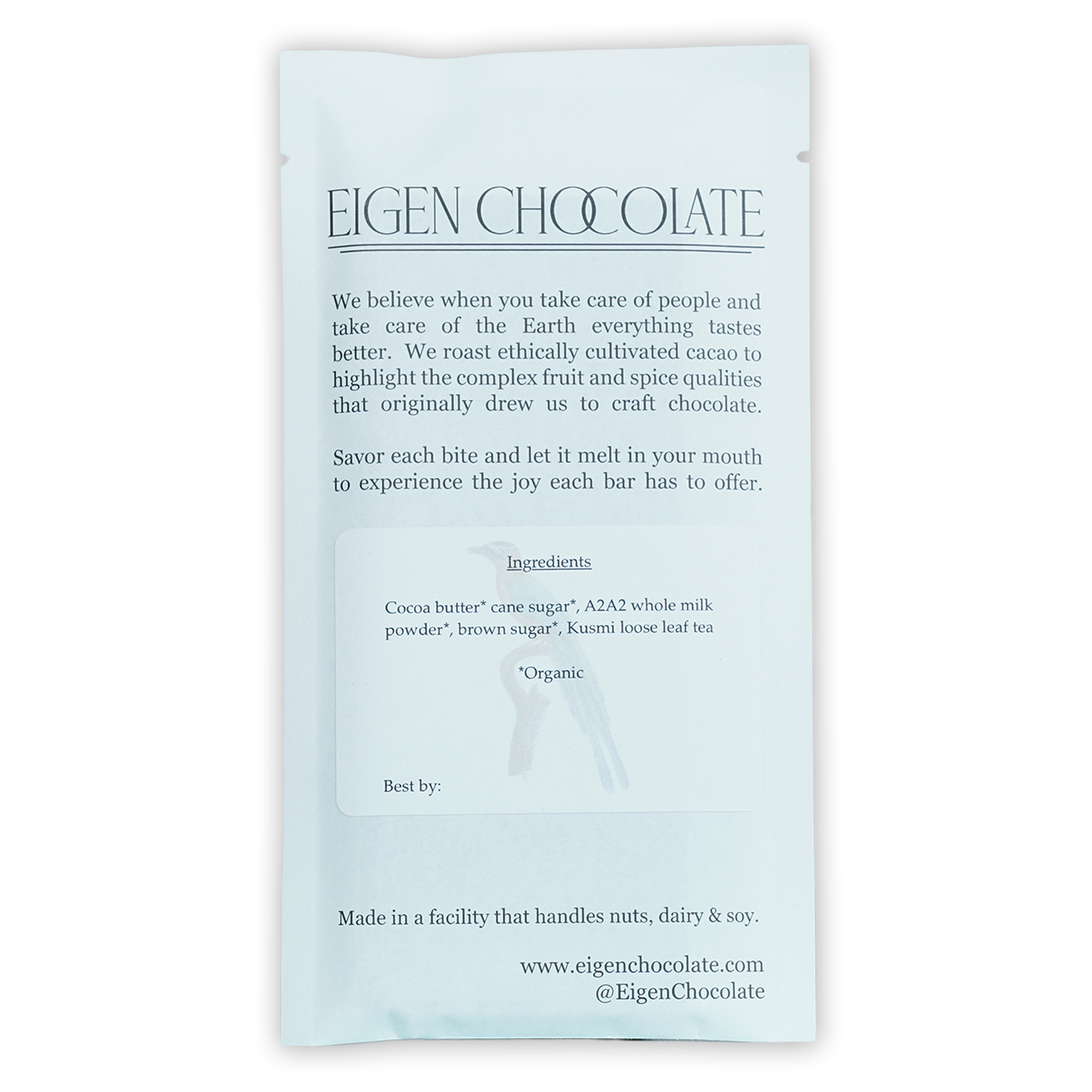 Eigen White Chocolate w/ Kusmi Tea 38% bar in light blue matte foil wrapper