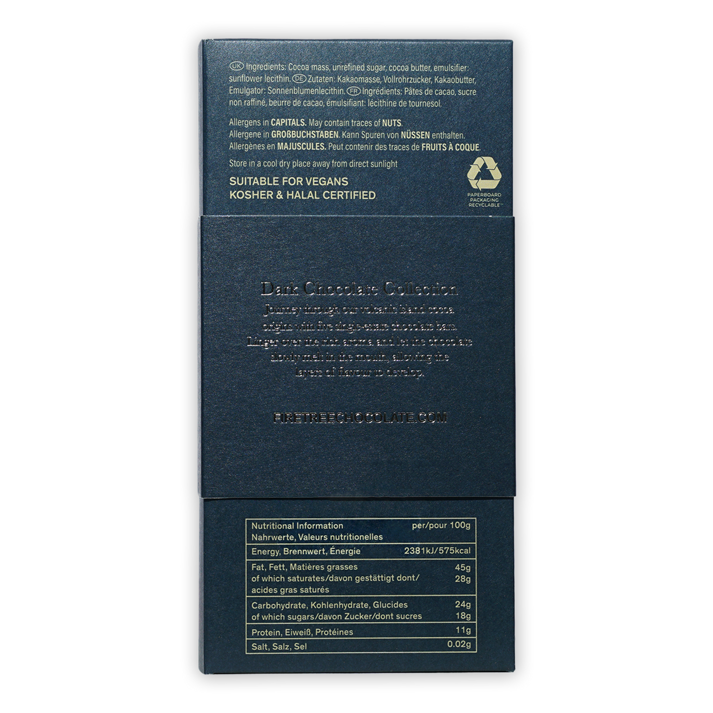 Firetree Dark Chocolate back wrapper, matte blue with embossed text
