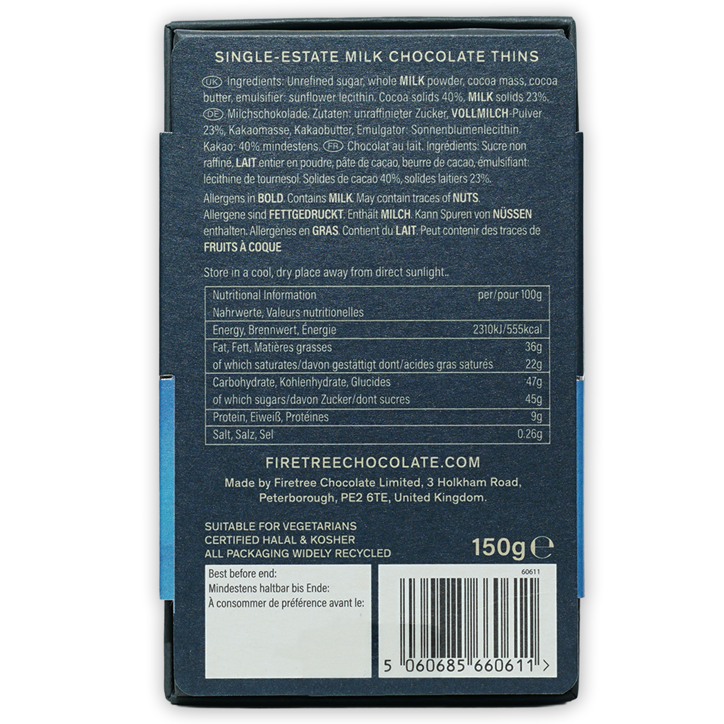 Firetree Thins Milk Solomon Islands 40% dark blue box with barcode