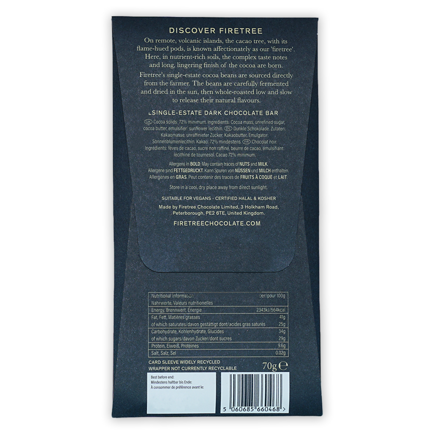 Firetree Papua New Guinea Karkar 72% dark chocolate bar in matte black wrapper