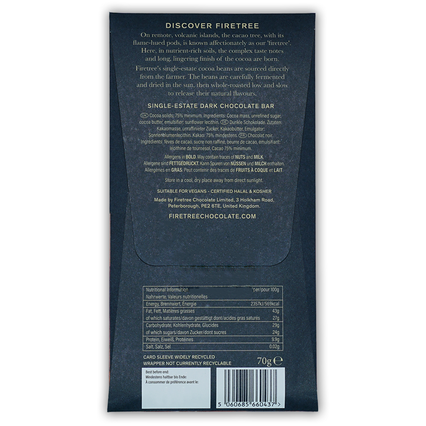 Firetree Solomon Makira Island 75% dark chocolate bar back wrapper